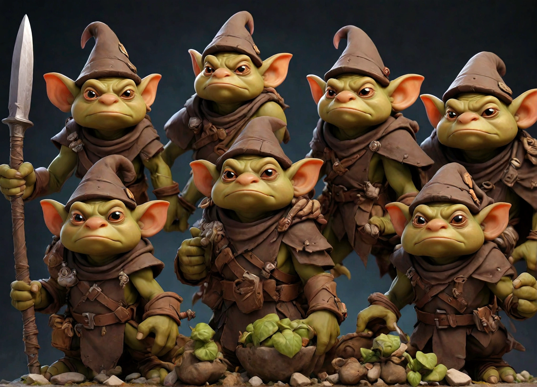 a squad of elite goblins, goblin sized toad, evil cowardly goblins, fighter cleric wizard thief, garbage versions of heroic armor, highly detailed, intricate, cinematic lighting, vibrant colors, 8k, hyper realistic, dark fantasy, masterpiece