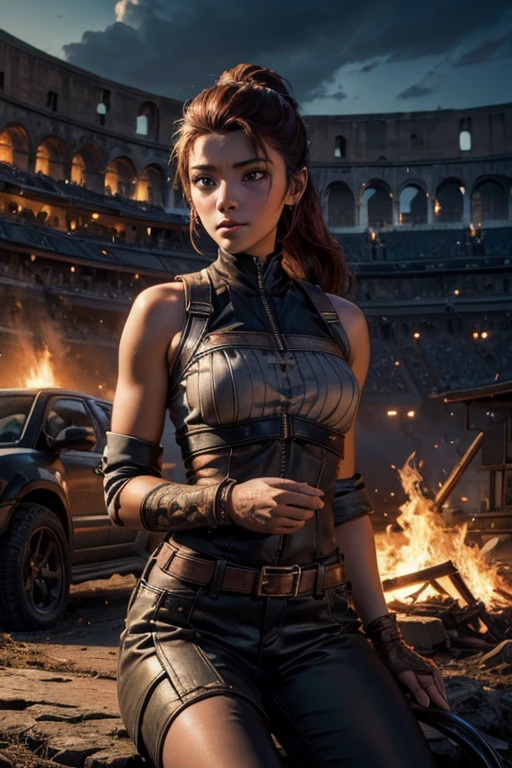 iliaamitola, ilia amitola, smiling, long hair, blue eyes, brown hair, ponytail, dark skin, dark-skinned female, BREAK bare shoulders, bodysuit, BREAK outdoors, sitting near river running next to colosseum, bonfires, wrecked vehicles, crowd, (crowd in military dress), post-apocalypse, dystopian future, crowd, (crowd in military uniforms), (volumetric lighting), best quality, masterpiece, intricate details, tonemapping, sharp focus, hyper detailed, BREAK looking at viewer, (cowboy shot:1.5), BREAK (masterpiece:1.2), best quality, high resolution, unity 8k wallpaper, (illustration:0.8), (beautiful detailed eyes:1.6), extremely detailed face, perfect lighting, extremely detailed CG, (perfect hands, perfect anatomy),