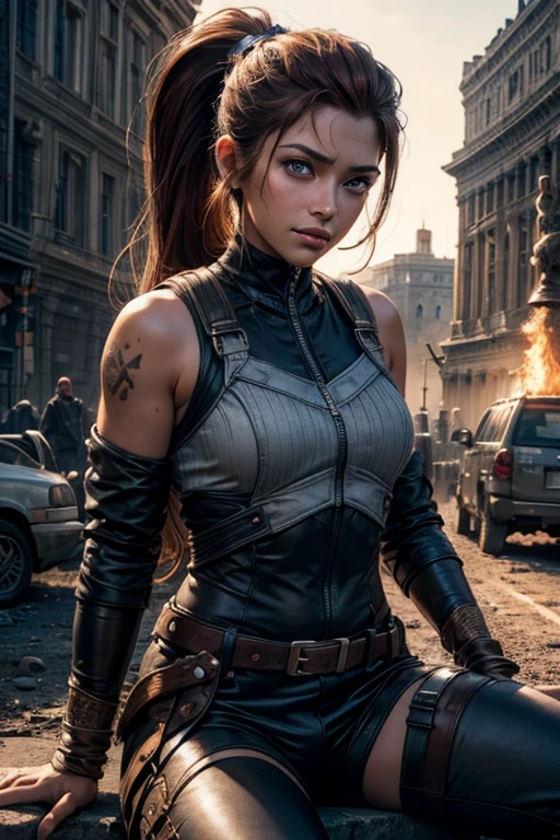 
iliaamitola, ilia amitola, smiling, long hair, blue eyes, brown hair, ponytail, dark skin, dark-skinned female, BREAK bare shoulders, bodysuit, BREAK outdoors, sitting near river running next to colosseum, bonfires, wrecked vehicles, crowd, (crowd in military dress), post-apocalypse, dystopian future, crowd, (crowd in military uniforms), (volumetric lighting), best quality, masterpiece, intricate details, tonemapping, sharp focus, hyper detailed, BREAK looking at viewer, (cowboy shot:1.5), BREAK (masterpiece:1.2), best quality, high resolution, unity 8k wallpaper, (illustration:0.8), (beautiful detailed eyes:1.6), extremely detailed face, perfect lighting, extremely detailed CG, (perfect hands, perfect anatomy), 
