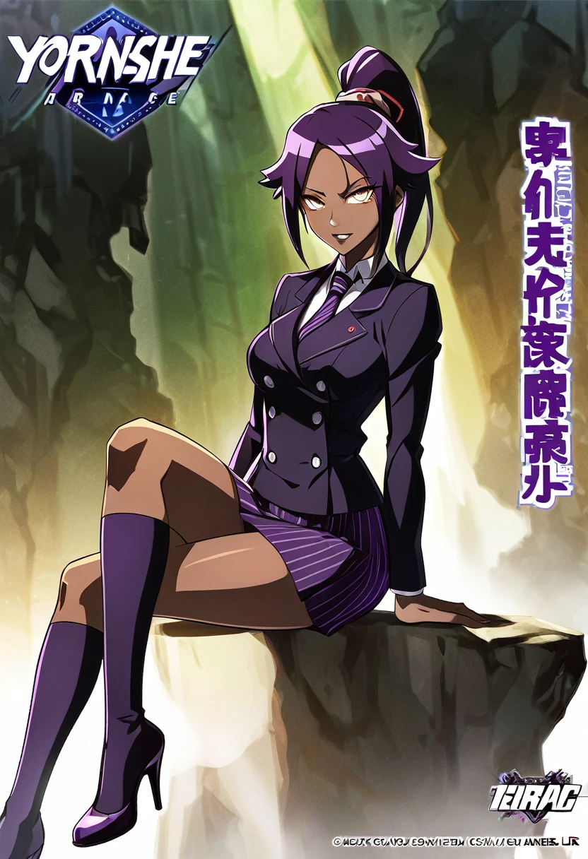 Full body Yoruichi as a thin Black business woman in a double breasted pinstripe purple skirt suit while wearing a tie with a very long purple pinstripe skirt and with purple knee sock’s wearing purple heels while sitting full art anime
