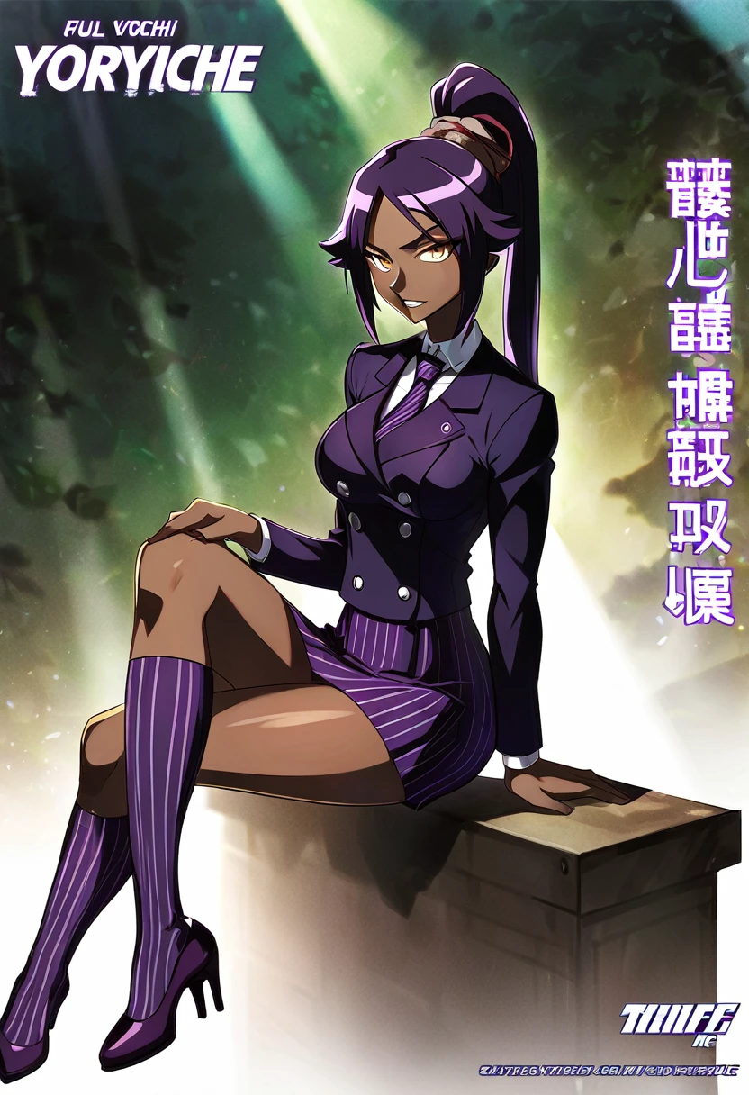  Full body Yoruichi as a thin Black business woman in a double breasted pinstripe purple  skirt suit while wearing a tie with a very long purple pinstripe skirt and with purple knee sock’s wearing purple heels while sitting full art anime 