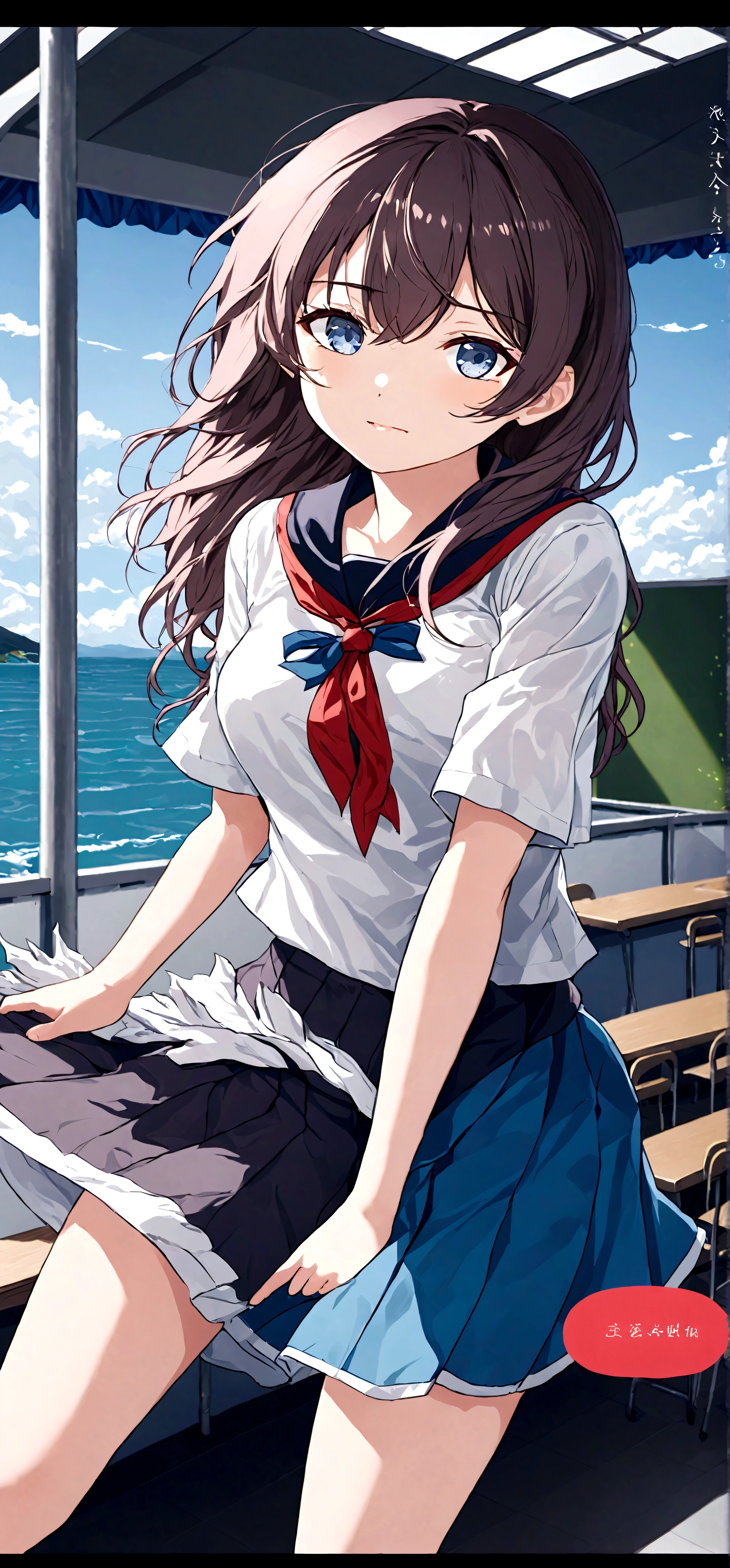 
Navy blue skirt. She is holding her skirt up in the strong wind. Her white cotton panties are visible.
