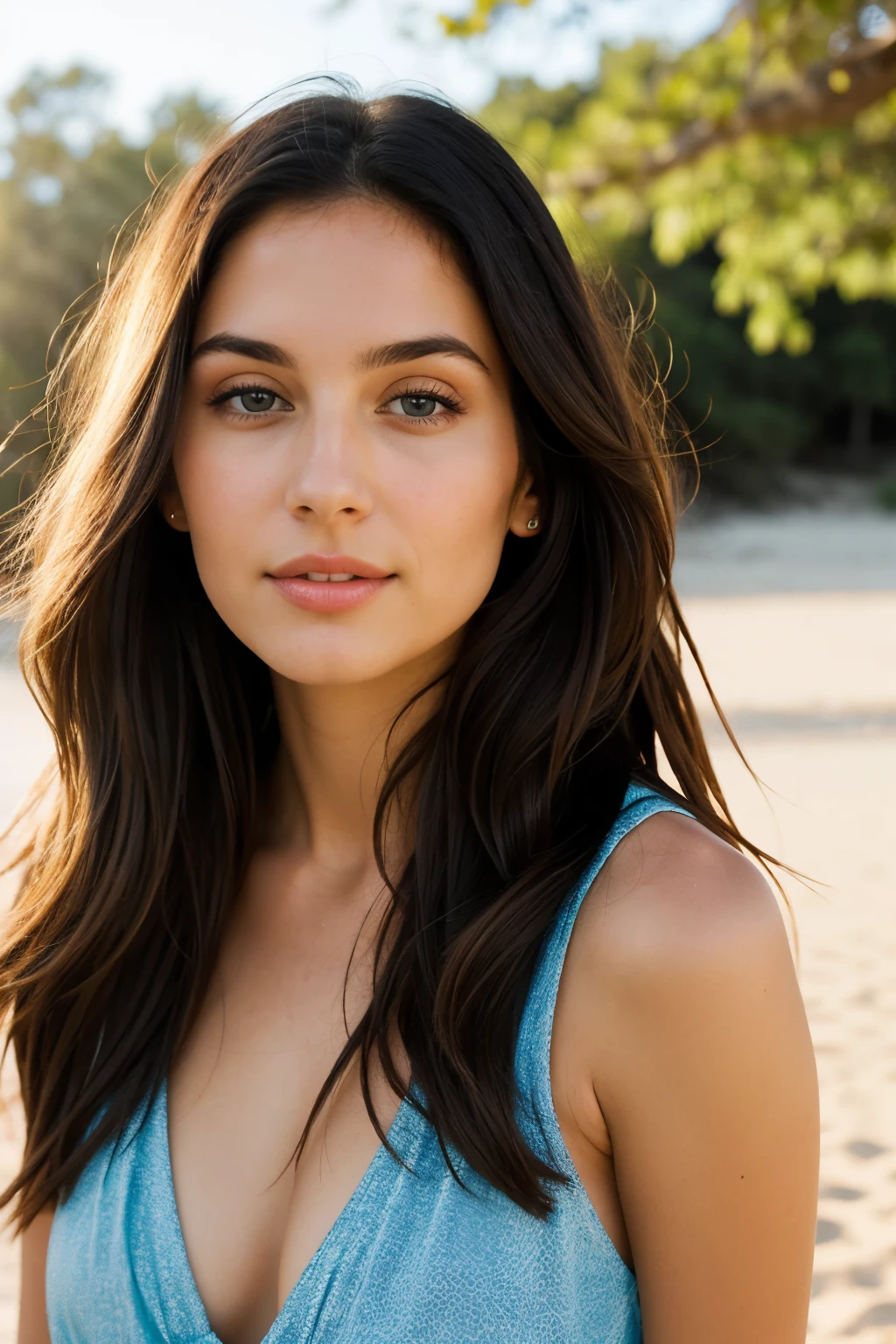 A photorealistic portrait of a 28-year-old Spanish woman with long, luxurious brunette hair and captivating blue eyes. Her expression should be natural and inviting, illuminated by the soft, warm light of the golden hour. The setting for this portrait should be a picturesque outdoor scene, such as a sun-kissed park or beach. Capture this image with a high-resolution photograph using an 85mm lens to achieve a flattering and engaging perspective.