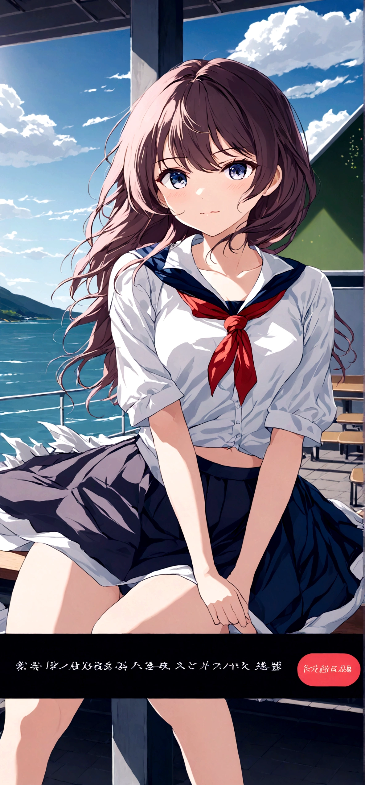 
Navy blue skirt. She is holding her skirt up in the strong wind. Her white cotton panties are visible.
