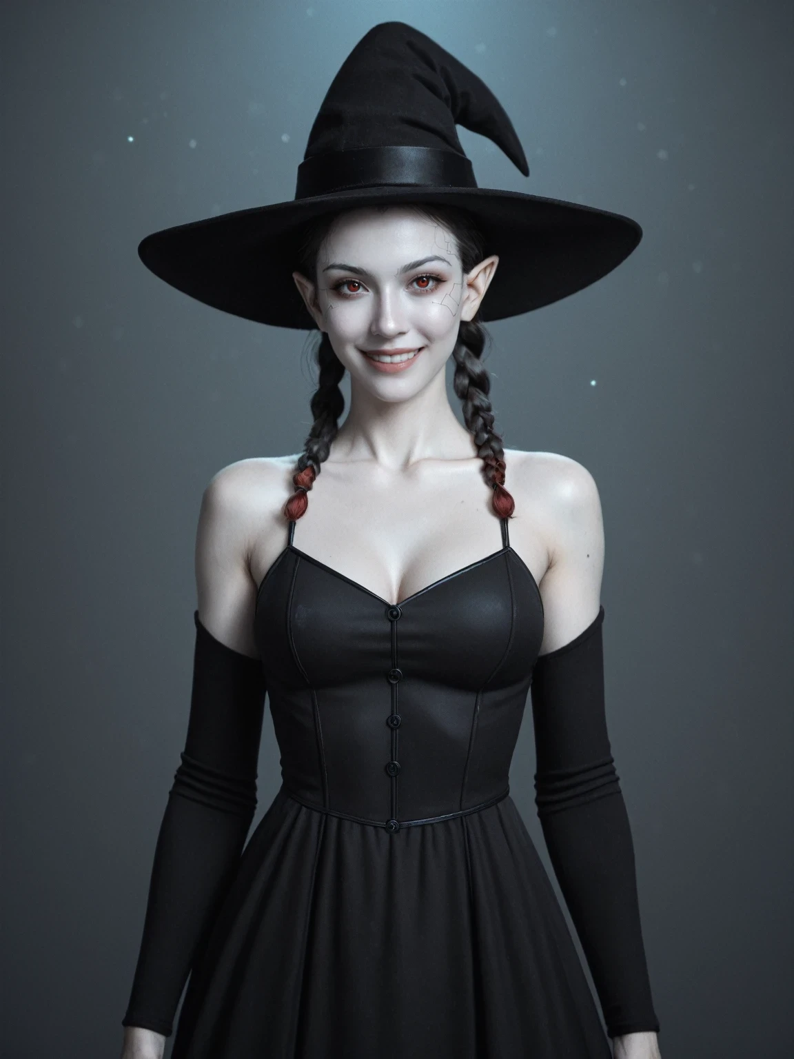 score_9, score_8_up, score_7_up, BREAK,
retro artstyle, cyberpunk, cyborg, 1girl, agratsmtvv, curly hair, grey hair, twin braids, colored skin, grey skin, red eyes, pointy ears, witch hat, black dress, detailed dress, detached sleeves, black wings, doll joints, robot, wires, busty, looking at viewer, dark neon background, night, light particles, ,seductive smile, ghostintheshellstyle,
