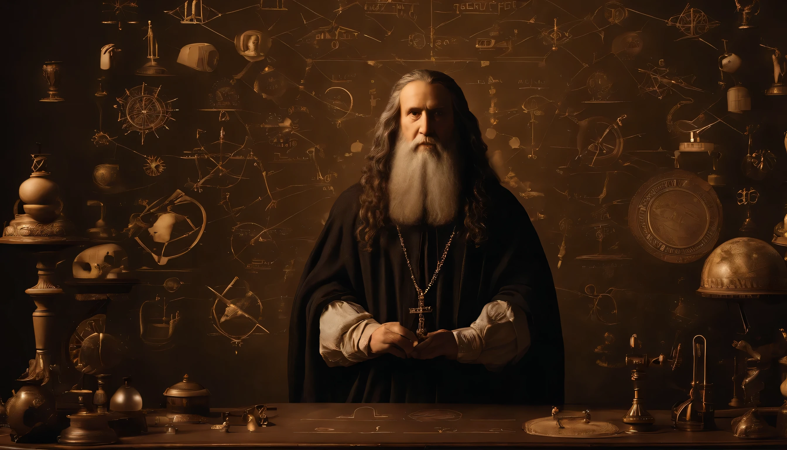 Leonardo da Vinci, the Italian polymath, sitting in a dimly lit studio, surrounded by various contraptions and inventions that he has designed during the Renaissance period. He appears deep in thought, his brow furrowed as he contemplates the intricacies of his latest invention. The room is adorned with sketches of flying machines, maps of underwater cities, and detailed anatomical drawings, all of which showcase his unwavering curiosity and desire for knowledge. A model of a human heart, constructed from bronze and intricately designed, sits on a nearby workbench, a testament to his revolutionary approach to understanding the human body. Despite the chaos that surrounds him, there is an air of serenity in the studio, as if da Vinci has found harmony in his pursuit of understanding the world around him. In the background, a large window casts a warm, golden light on the floor, illuminating a small garden where flowers and vegetables grow in harmony, symbolizing the balance that da Vinci strives to achieve between art and science, nature and technology, in this era of great revolution.