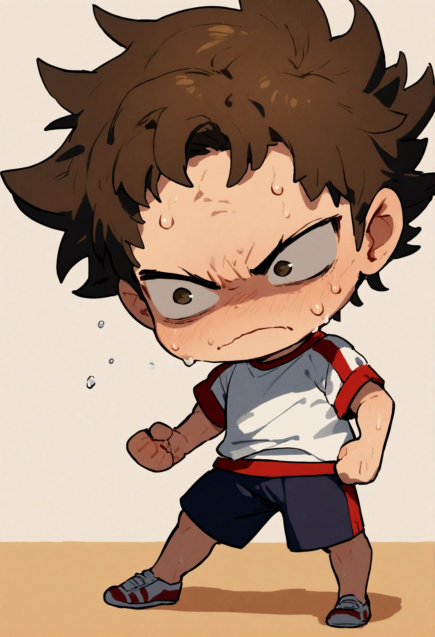 Illustrate Chibi deku in gym clothes, full body , sweat dripping down his face, with a look of fierce determination