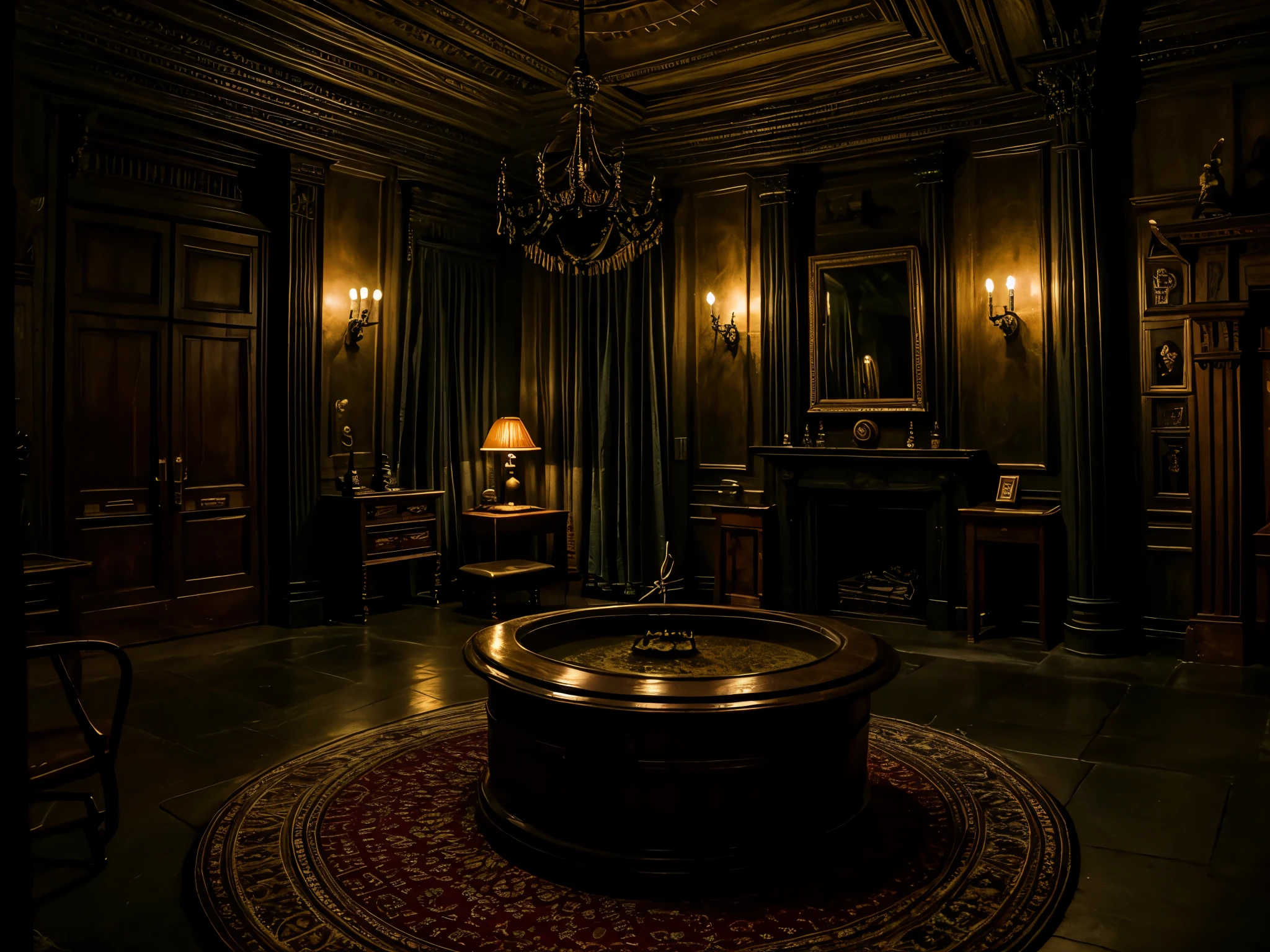 masterpiece, "room of requirement vibe", 4k, slightly dim light, harry potter, with some magical decorations, with some cauldron magic tool, darker room with slightly grey tone
