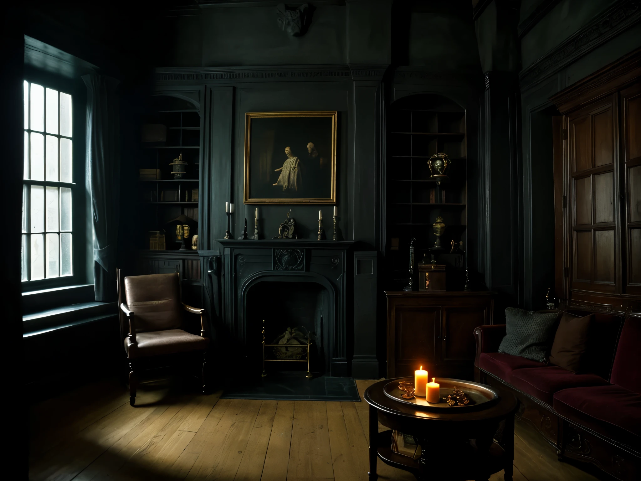 masterpiece, "room of requirement vibe", 4k, slightly dim light, harry potter, with some magical decorations, with some cauldron magic tool, darker room with slightly grey tone