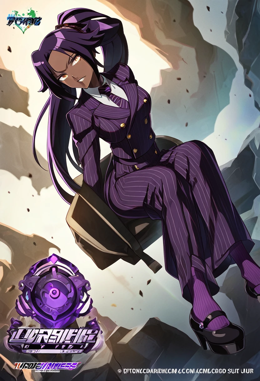  Full body Yoruichi as a thin Black business woman in a double breasted pinstripe purple  skirt suit while wearing a tie with a very long purple pinstripe skirt and with purple knee sock’s wearing purple heels while sitting full art anime 