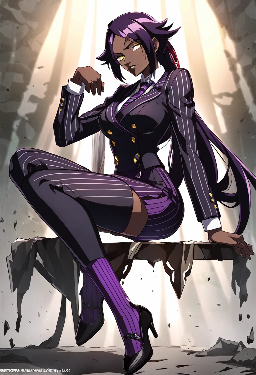  Full body Yoruichi as a thin Black business woman in a double breasted pinstripe purple  skirt suit while wearing a tie with a very long purple pinstripe skirt and with purple knee sock’s wearing purple heels while sitting full art anime 