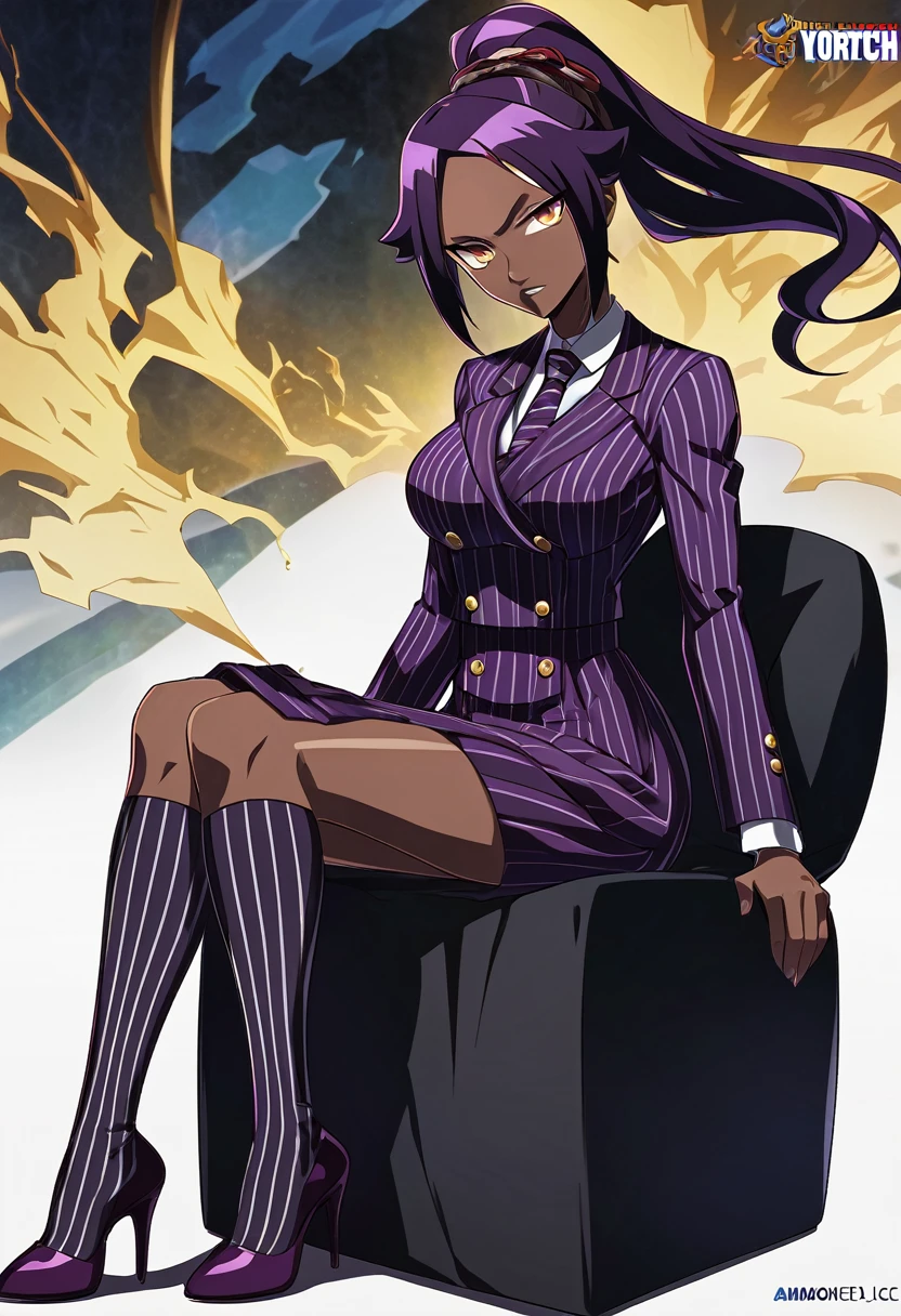  Full body Yoruichi as a thin Black business woman in a double breasted pinstripe purple  skirt suit while wearing a tie with a very long purple pinstripe skirt and with purple knee sock’s wearing purple heels while sitting full art anime 