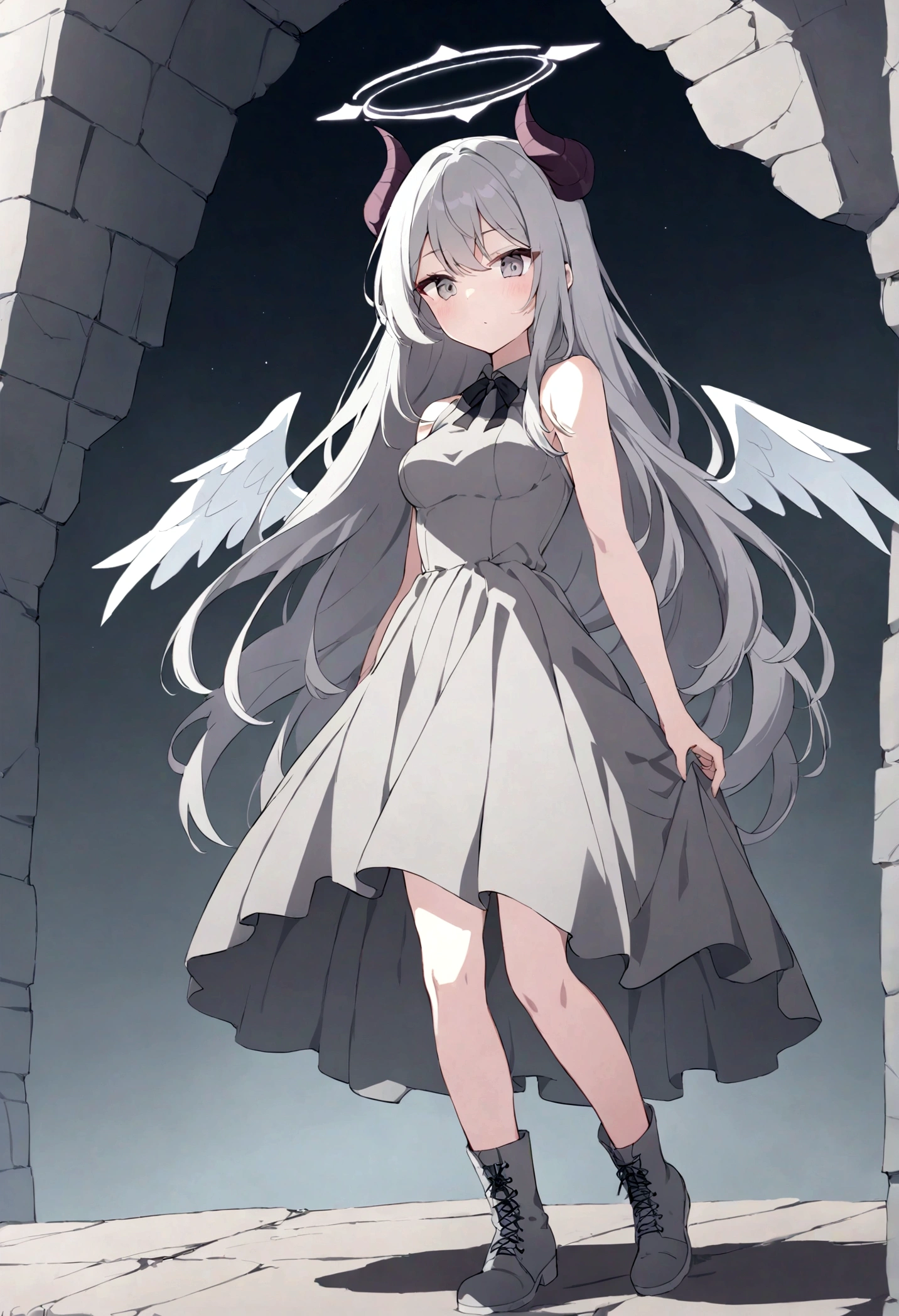 1girl, gray hair, long hair, demon horns, angel halo, medium breasts, gray dress, gray boots, four wings, angel wings, demon wings, 