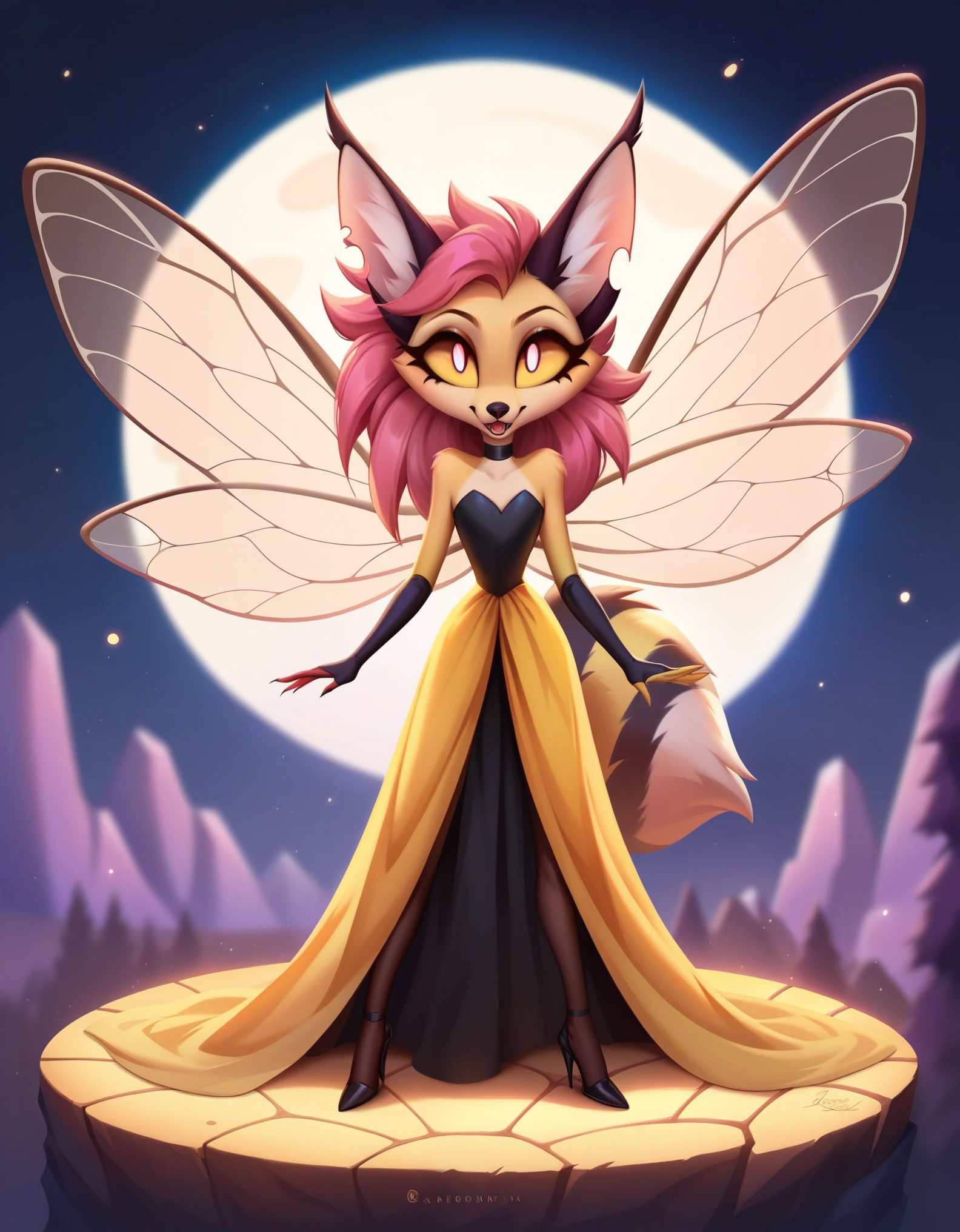 score_9, score_8_up, score_7, score_6_up, rating_furry,, queen bee (helluva boss), queenbee, (four arms, long liquid hair, fox face, fox head, fennec fox ears, bee wings), female, anthro, humanoid, thin, small , bee themed background, bee themed party, tail, choker, ears, (pink iris, yellow sclera:1.2), (realistic:1.2), (masterpiece:1.2), (full-body-shot:1.2),(Cowboy-shot:1.2), neon lighting, dark romantic lighting, (highly detailed:1.2),(detailed face:1.2), (gradients), colorful, detailed eyes, (detailed landscape:1.2), (natural lighting:1.2),(detailed background), detailed landscape, (glamour pose:1.2), solo,