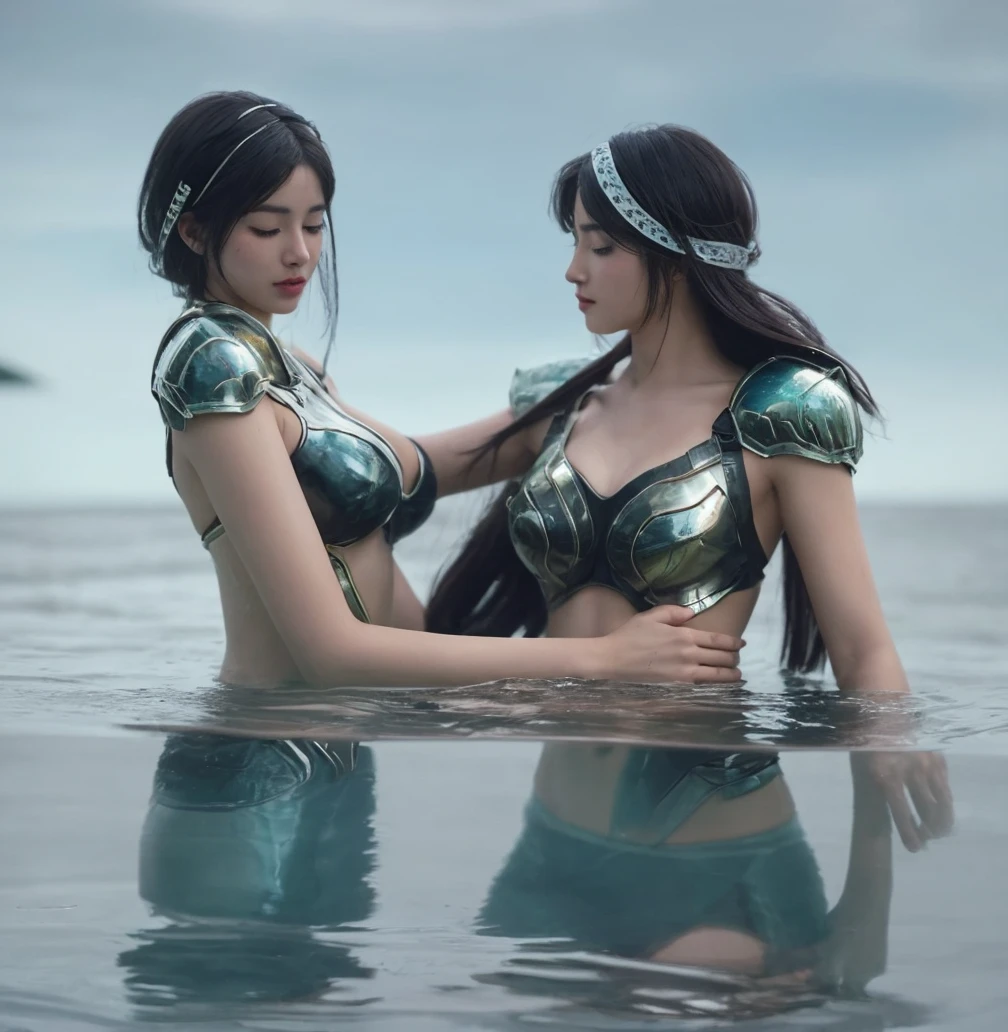 Sexy Female mermaid, shell bikini, long braided black hair, spear, pirate ship, NSFW, 