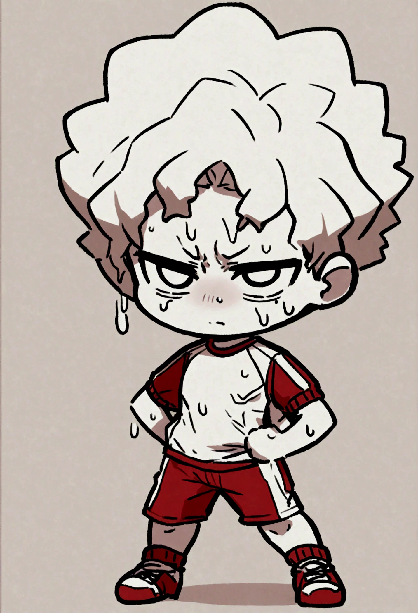 Illustrate Chibi Deku from my hero Akademia in gym clothes, full body , sweat dripping down his face, with a look of fierce determination