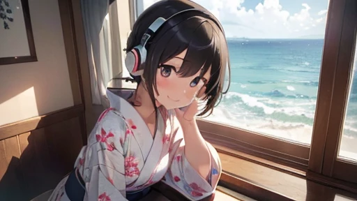 ((masterpiece, 最high quality, 超High resolution, High resolution)), (high quality), (Best illustrations), ((Beautiful fingers)), the 90s, (small detailed delicate face),girl, Shortcuts, cute, yukata, Japan, Ocean ,The best smile, Sit by the window, looking out to Ocean, behind you,Headphones