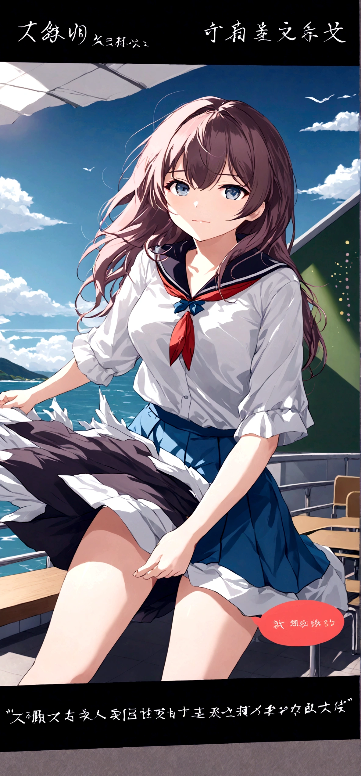 Navy blue skirt. She is holding her skirt up in the strong wind. Her white cotton panties are visible.