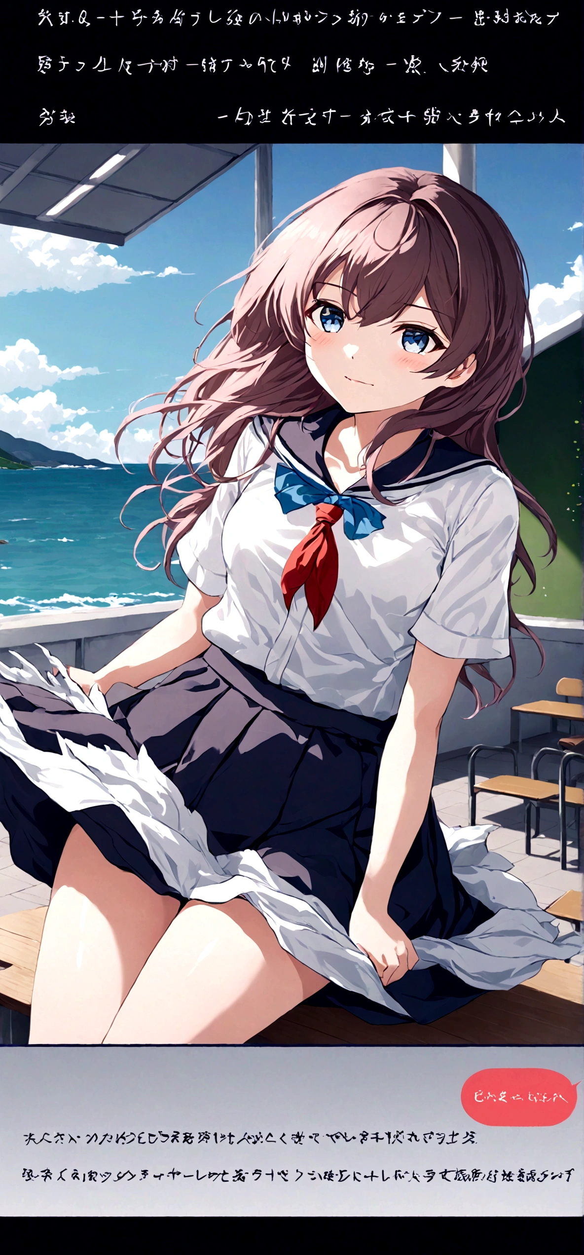 
Navy blue skirt. She is holding her skirt up in the strong wind. Her white cotton panties are visible.

