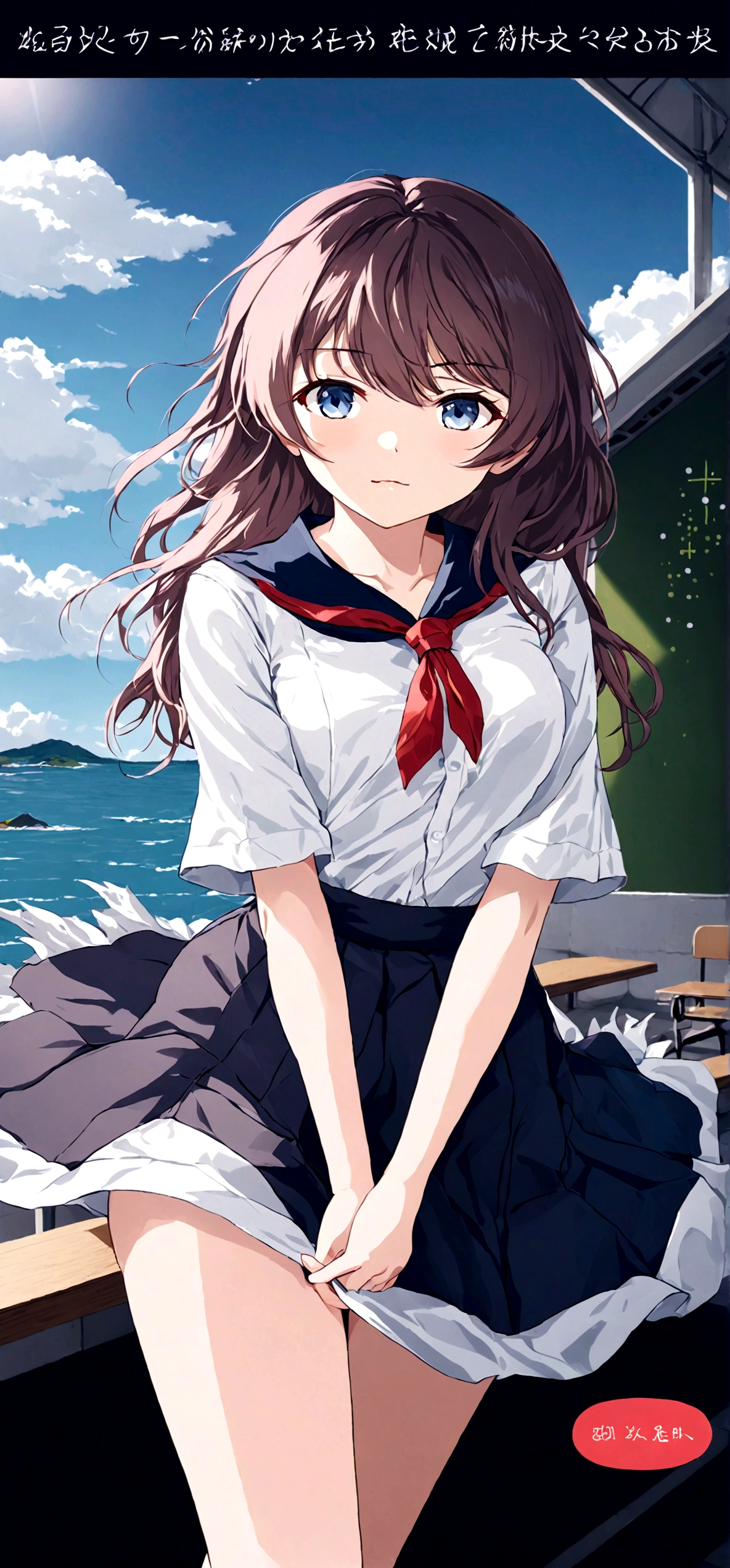 Navy blue skirt. She is holding her skirt up in the strong wind. Her white cotton panties are visible.
