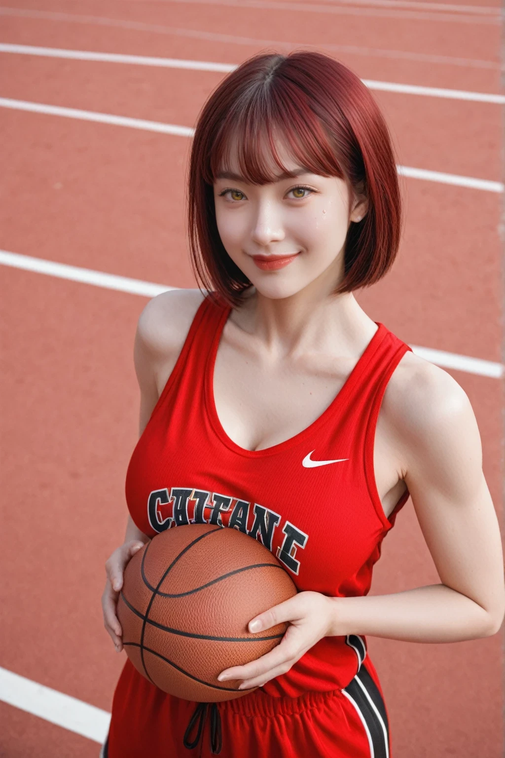 score_9, score_8_up, score_7_up, BREAK,
clean up hair at face, 1girl, solo,  caucasian girl, asian girl, short hairstyle, straight hair, red hair, long bangs, chin up, natural smooth hair, yellow eyes, lipstick, slender body, basketball jersey, wearing basketball sleevless red jersey chichago bulls, red basket ball jersey, nike logo, midriff, full tattooed hand, large rounded breasts, holding and shooting basket ball stance, hand up, outdoor basketball field, street ball, outdoor, cage, wall full gravity, blue sky, sweat,  delicate and smooth skin, volumetric lighting, dramatic atmospheric haze, film grain, cinematic film still, shallow depth of field, cowboy shot, dynamic angle, expressiveh,smirk,huge breast,cute face, heavy saggy breasts, hands on own breast, 16 year old