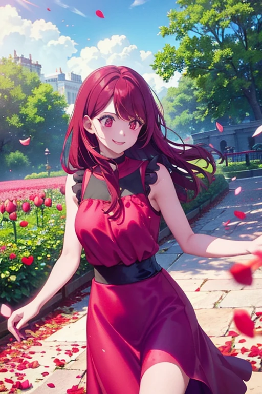 A red haired woman with red eyes with an hourglass figure in a cute summer dress is smiling in a flurry of peony petals at the park. 
