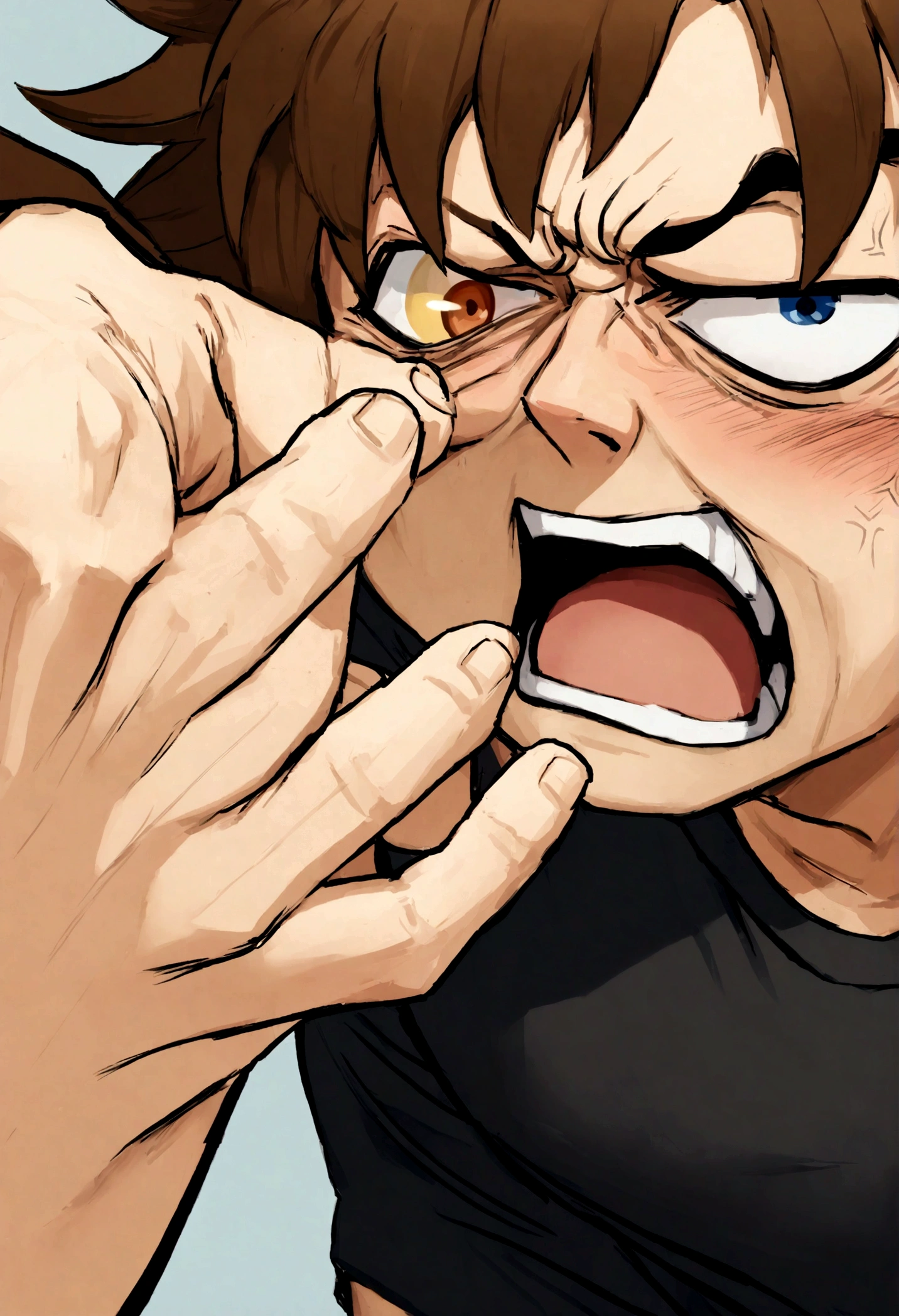 20 year old man, brown hair with white tips, heterochromia light blue left eye, orange right eye, in black swim shorts, angry face, DarkExel