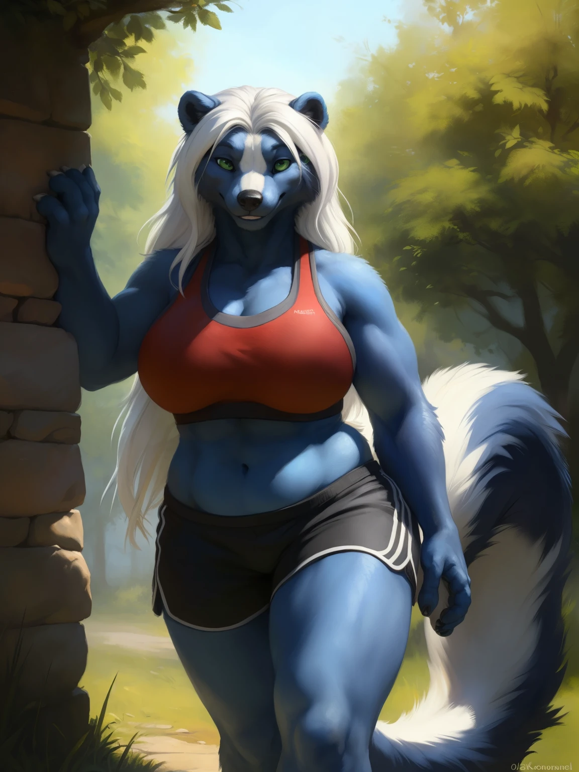 front view, close up view, third person view, stone wall, a beautiful and detailed portrait of a huge female feral mephitid, skunk, ((blue body, white skin, long hair, white hair, green eyes)), tail, kenket, voluptuous, Ross Tran,ruan jia, trending on artstation,foxovh, cenematic lighting, vip, body, full body, lookin at viewer,, walking, park, happy, ((arms behind body)), big , big , big , big , (((red sports bra, black shorts)), front view, front shot,
