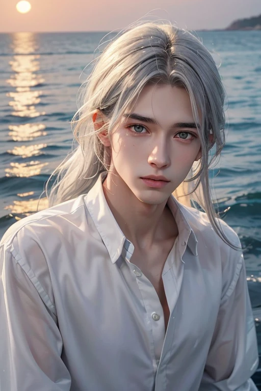 20-year-old boy with very light gray hair, long hair, white skin, thin. Golden amber eyes, with fine features. Fine face, beautiful face. With an old wet and transparent white shirt, shirt without a collar. With your gaze upward. Inside the sea, crystal clear water, sunset.