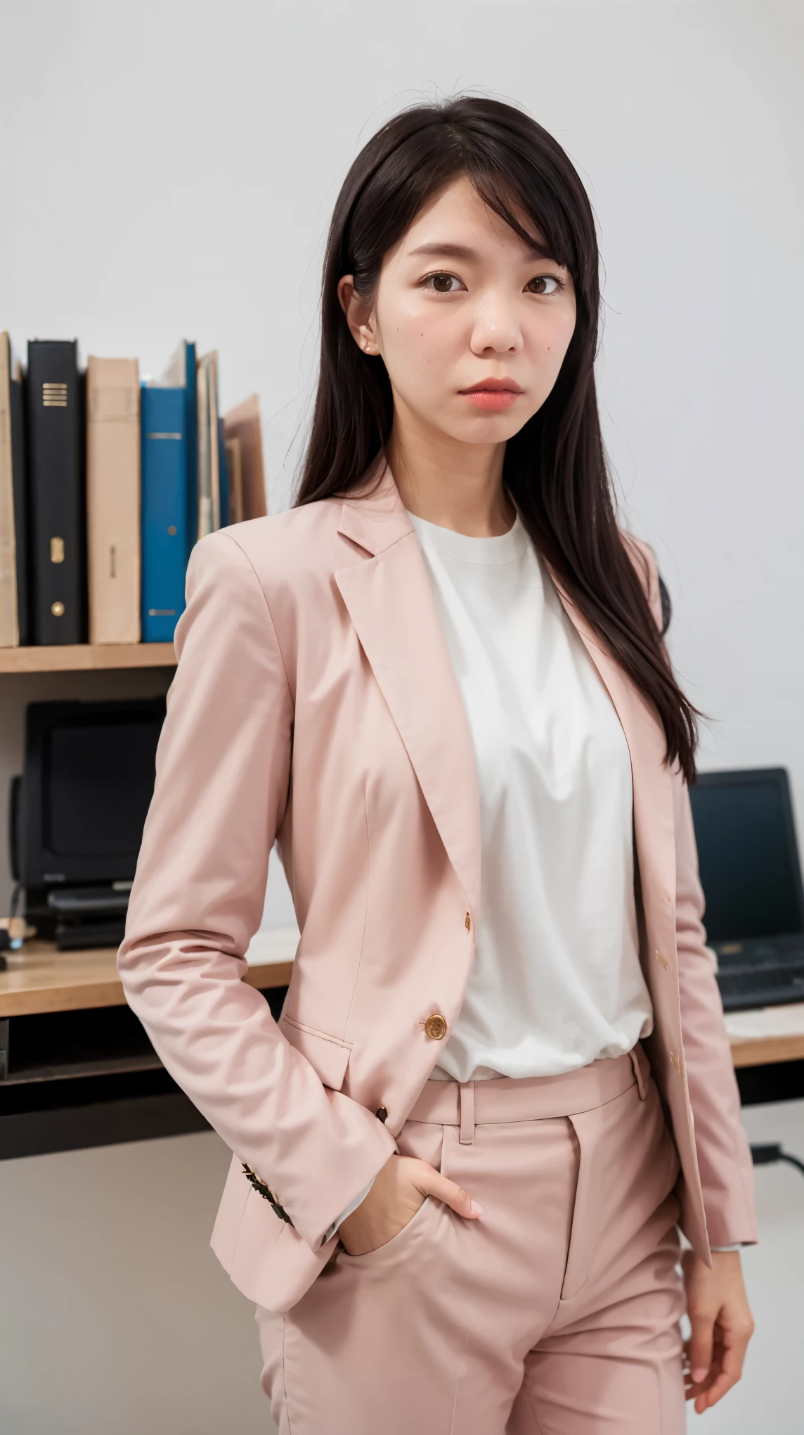 face of(1girl, solo, asian, ParewaFace, (black long hair), looking at viewer, ),
body of((scrawny:1.5), very thin, standing, ), BREAK
wearing of(suit, formal suit, peach pink suit, office pants, ), BREAK
background of((solid white background:1.25), ),
photography of(best quality, masterpiece, nikon D500, 85mm, absurdres, )