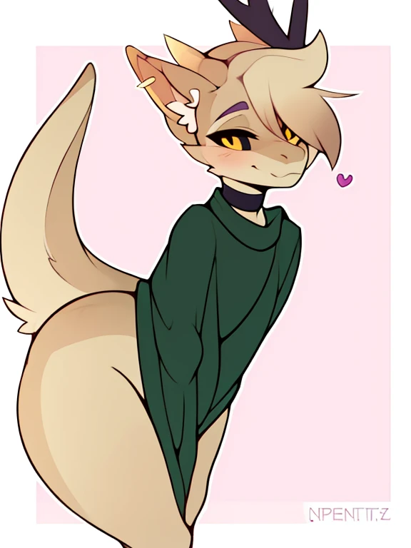 by nepentz, nardoragon_species, 2d artwork, shaded, absurd high res, high res face, high res eyes, high resolution on eyes, well defined pupil, round eyes, dark sclera, deep gaze, Ultra high Quality, high quality colours, flat shade, furred dragon, anthro, biped, girly, ear piercing golden ear piercing, 1 earpiercing, khaki hair, girly hair, profile head, khaki fur, two tone fur, brown nasal septum, brown ears only, profile head, brown hands, furred tail with tan and brown fur, tuft on tail tip, yellow eyes, black sclera, eye looking at the viewer, blush on face, black choker, ear piercing, girly male, smirk, girly pose, sexy pose, femboy, femenine shape, slighty tan body, femenine, captivating, alluring, huge thighs, wide hips, dark green shirt, oversized shirt, baggy shirt, baggy shirt around hips, baggy shirt around butt, small dragon antlers, three by four perspective, 3/4 view, profile head, eyes looking at the viewer, leaning forward to the viewer, blep, purple tongue, underwearless, half naked, half nude, hands rides a little, closed hands