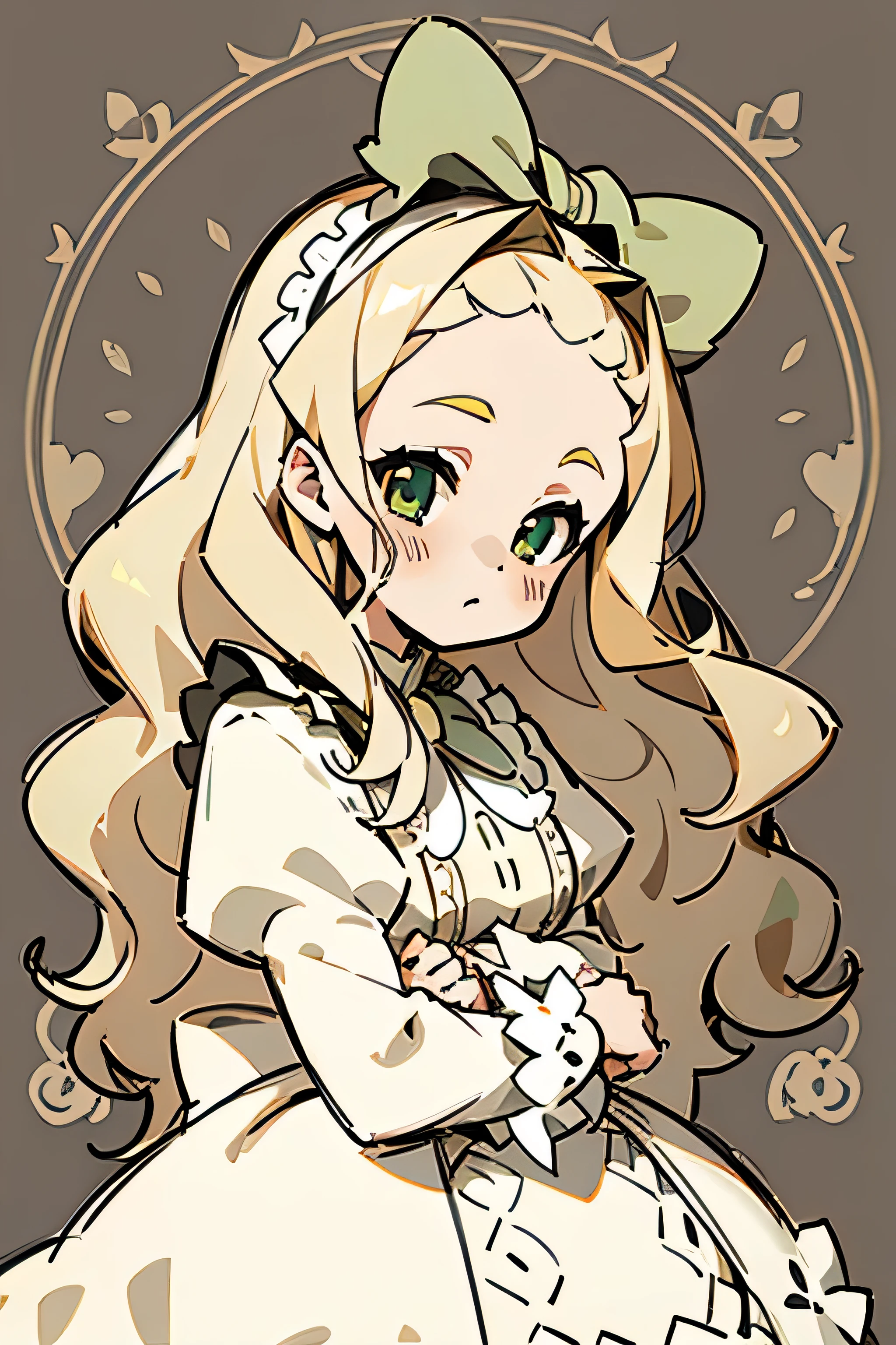 1girl, , Green eyes, blonde hair, forehead, (Wavy Hair), Long hair, headband, pearls, beige dress, ((Lolita Dress)), Bows, frilld, White roses, ((thick outlines)), ((white outlines)), (Sketch)