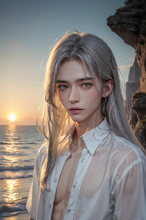20-year-old boy with very light gray hair, long hair, white skin, thin. Golden amber eyes, with fine features. Fine face, beautiful face. With a worn green, wet and transparent shirt, collarless shirt. With your gaze upward. Inside the sea, crystal clear water, sunset.