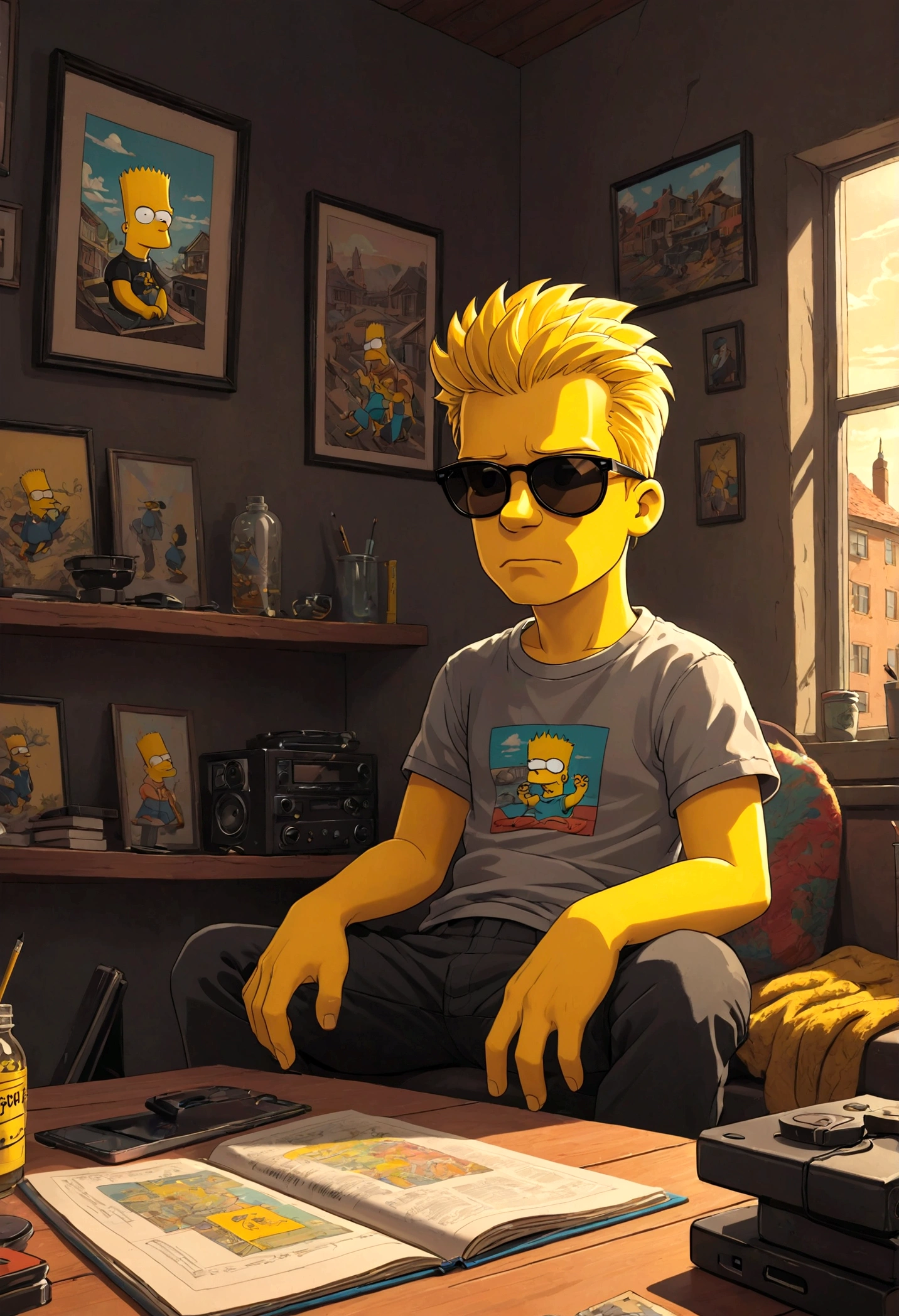 1boy, Bart Simpson, black sunglasses, ink style, Light-electric style, flat, cozy animation scenes, dynamic pose, best quality, masterpiece, very aesthetic, perfect composition, intricate details, ultra-detailed