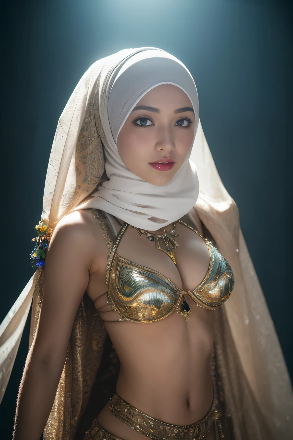 colorful bellydancer, cyberpunk, javanese, (((hijabi))), cleavage, reflection light, chiaroscuro, depth of field, cinematic lighting, ray tracing, Sony FE GM, UHD, super detail, masterpiece, textured skin, high details, best quality, award winning，3D,hdr（HighDynamicRange）,Ray tracing,NVIDIA RTX,Hyper-Resolution,Unreal 5,Subsurface scattering、PBR Texture、post-proces、Anisotropy Filtering、depth of fieldaximum definition and sharpnesany-Layer Textures、Albedo e mapas Speculares、Surface coloring、Accurate simulation octane rendering of light-material interactions、Two-colored light、largeaperture、Low ISO、White balance、the rule of thirds、8K raw data