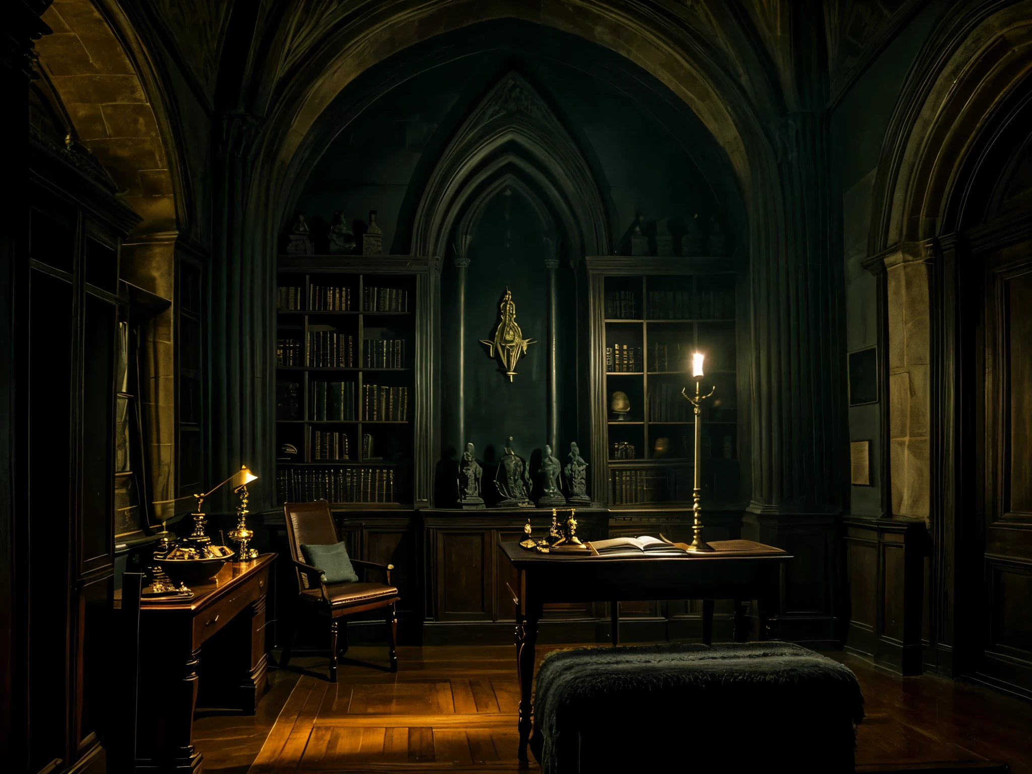 masterpiece, "room of requirement vibe", 4k, slightly dim light, harry potter, studying room, with some cauldron magic tool, darker room with slightly grey tone