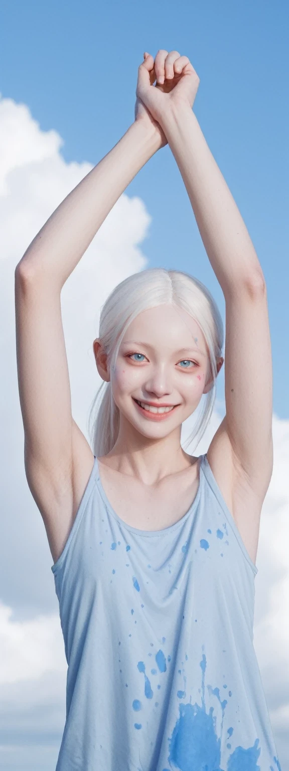score_9, score_8_up, score_7_up, BREAK,
 1girl, female focus, albino, wodeipoi, solo, light blue eyes, long hair, androgynous, loose ponytail, paint splatter, colorful, blue sky, clouds, smile, arms up, looking at viewer