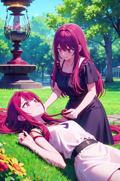A red haired woman with red eyes with an hourglass figure in a cute summer dress is laying next to a pink haired woman with violet eyes and an hourglass figure in the park