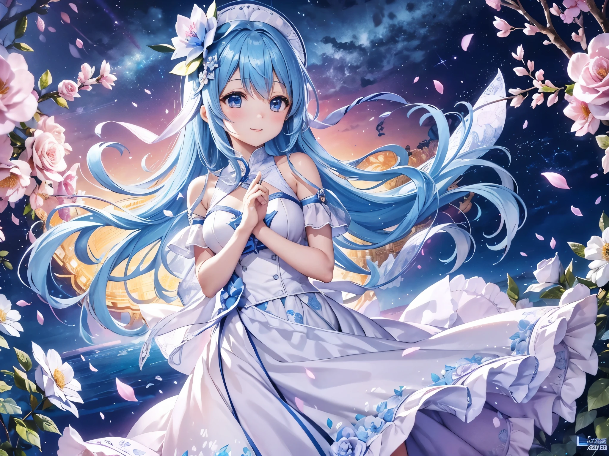 (High resolution、Ultra-detailed、Hmph、movie)、solo、One Girl、happiness、Girl Standing In Cosmos Flower Garden、Girl around the petals、Charming smile、Esbian all over、Girl with long blue hair、Light blue hair、Look forward、Fantasy、Official Art、Pop Art、profile、Ultra-detailed顔、Ultra-detailed目、Rose Flower Garden、Ultra Detailed Fields、White blue sky、 cold、Shui Color、Blanche、Nebula in the sky、Rose Splash Art、Watercolor、pastel colour
