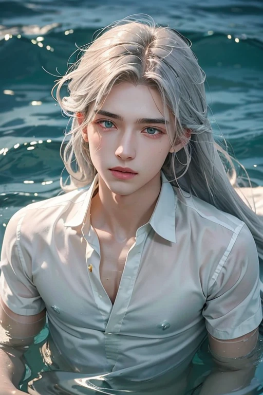 20-year-old boy with very light gray hair, long hair, white skin, thin. Golden amber eyes, with fine features. Fine face, beautiful face. With a worn, wet and transparent green shirt, collarless green shirt. With your gaze upward. Inside the sea, floating in the water, crystal clear water, sunset.