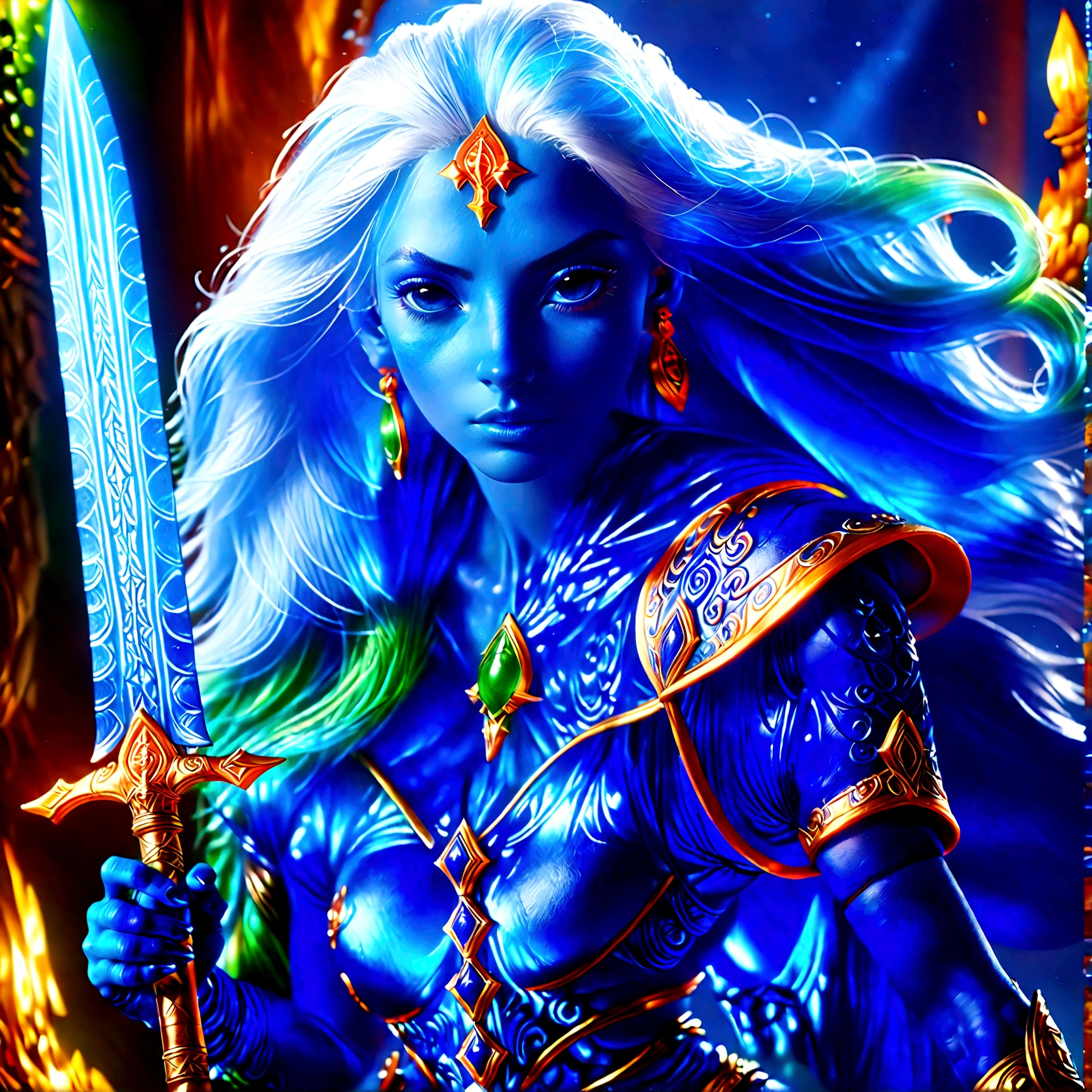 fantasy art, dnd art, RPG art, wide shot, (masterpiece: 1.4) a (portrait: 1.3) intense details, highly detailed, photorealistic, best quality, highres, portrait a female (fantasy art, Masterpiece, best quality: 1.3) ((blue skin: 1.5)), intense details facial details, exquisite beauty, (fantasy art, Masterpiece, best quality) cleric, (blue: 1.3) skinned female, white hair, long hair, (hair hides ears: 1.5), (green: 1.3) eye, fantasy art, Masterpiece, best quality) armed a fiery sword red fire, wearing heavy (white: 1.3) half plate mail armor, wearing high heeled laced boots, wearing an(orange :1.3) cloak, wearing glowing holy symbol GlowingRunes_yellow, within fantasy temple background, reflection light, high details, best quality, 16k, [ultra detailed], masterpiece, best quality, (extremely detailed), close up, ultra wide shot, photorealistic, RAW, fantasy art, dnd art, fantasy art, realistic art,((best quality)), ((masterpiece)), (detailed), perfect face, colouredglazecd_xl