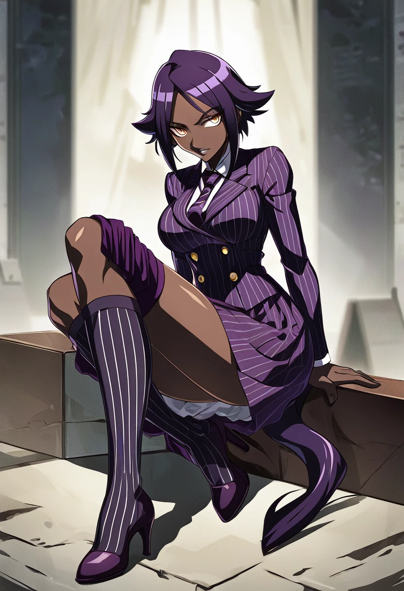  Full body Yoruichi as a thin Black business woman in a double breasted pinstripe purple  skirt suit while wearing a tie with a very long purple pinstripe skirt and with purple knee sock’s wearing purple heels while sitting full art anime 