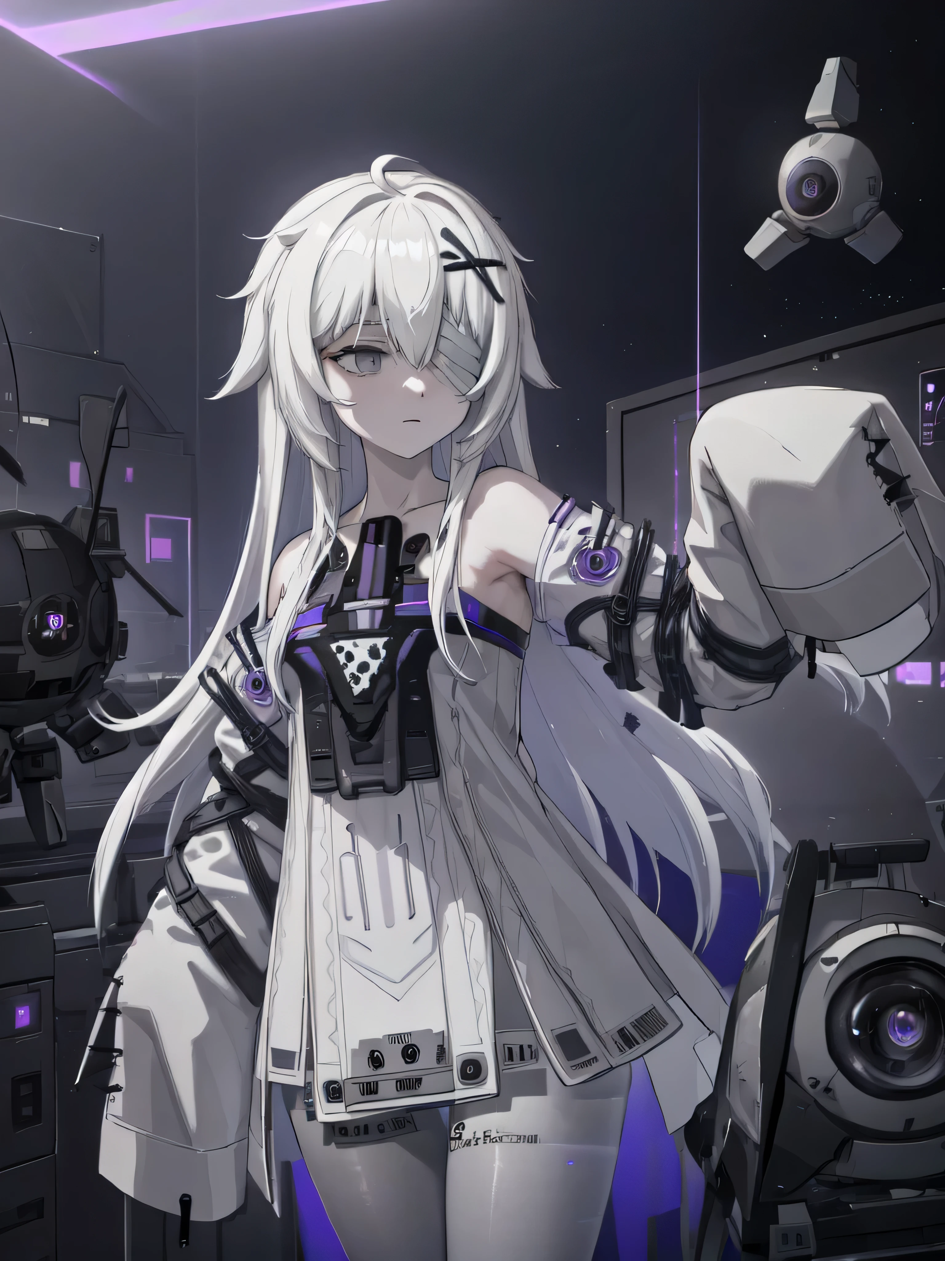 white hair, long hair, bandage over one eye, grey eyes, x hair ornament, (robot, drone:1.1) muted colors, gradient pantyhose, spot color
white dress, shaded face, empty eyes, black pantyhose, pantyhose, sleeves past fingers, white sleeves
one leg up, outdoors, neutral expression
BREAK cowboy shot, (purple particles, purple lighting, purple triangles), (metal laboratory, metal walls:1.1)
 