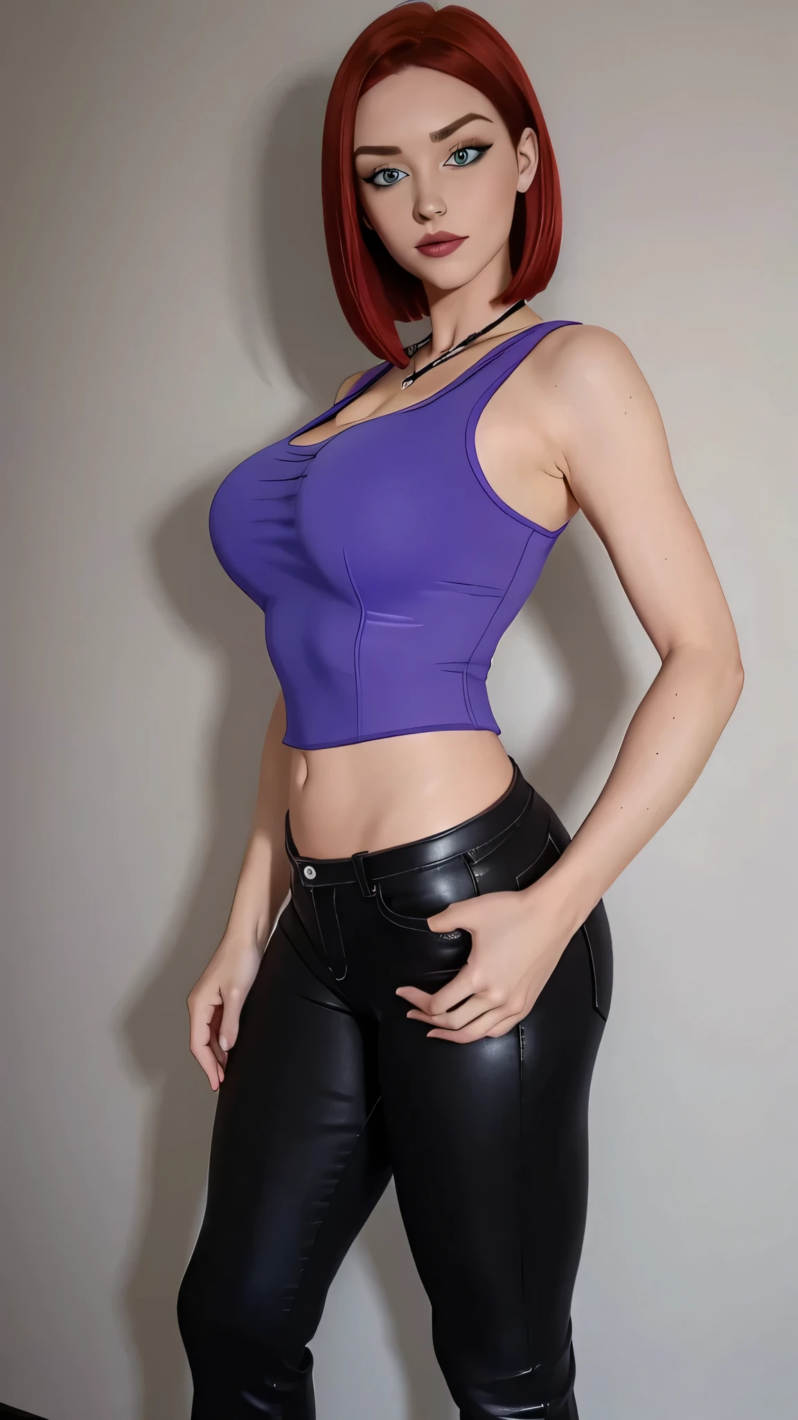 A sexy girl with a big breast, short red hair, round her blue eye, wears a purple top, a black corset, and tight black pants with a big thigh.