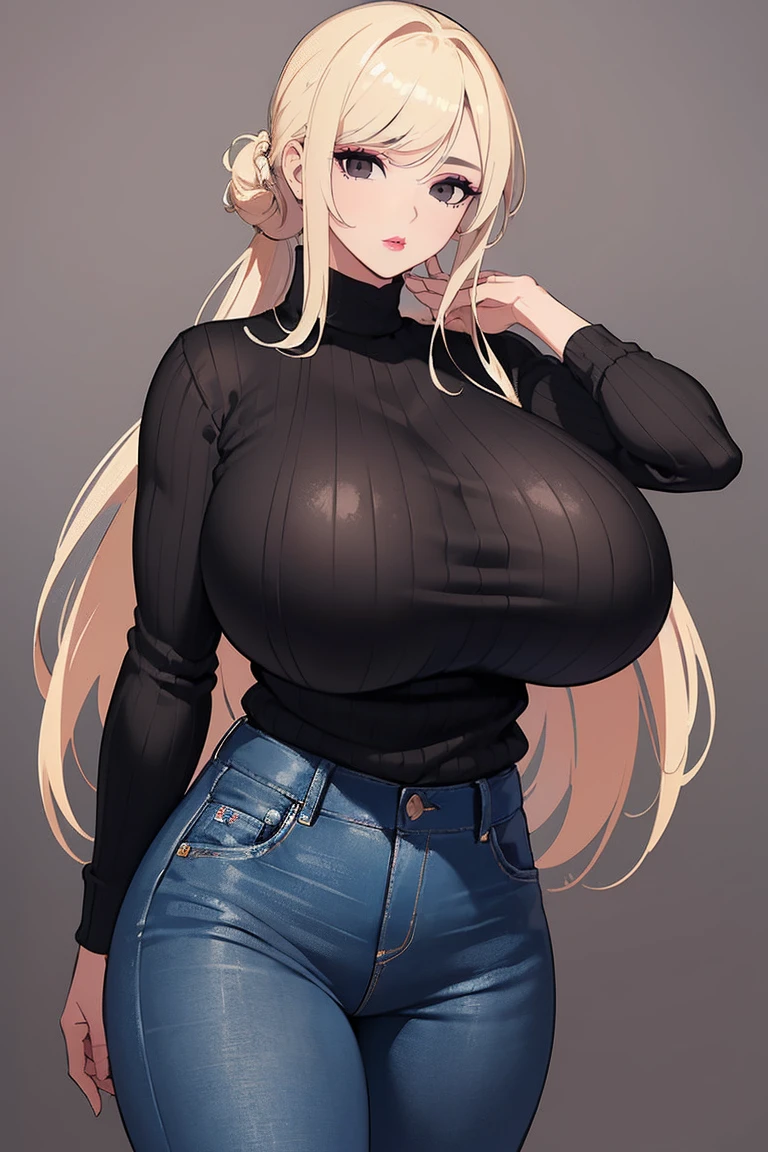 (Uhd, Masterpiece, Textured Skin, Super Detail, High Details, High Quality, Best Quality), Detailed Face, 1woman, mature pretty woman:1.5, curvy, cowboy shot, (gigantic breasts:1.4), Blonde hair tied up, (Black sweater shirt), jeans, (Huge Body), (Hair tied up with side bangs)