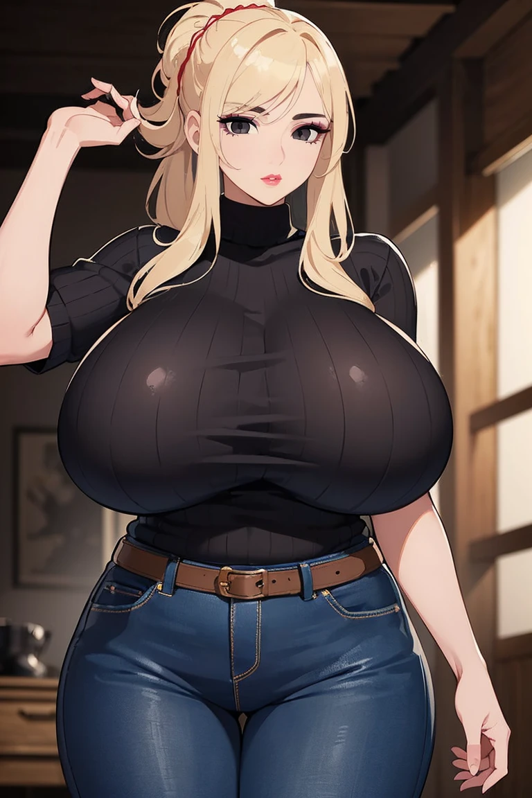 (Uhd, Masterpiece, Textured Skin, Super Detail, High Details, High Quality, Best Quality), Detailed Face, 1woman, mature pretty woman:1.5, curvy, cowboy shot, (gigantic breasts:1.4), Blonde hair tied up, (Black sweater shirt), jeans, (Huge Body), (Hair tied up with side bangs)