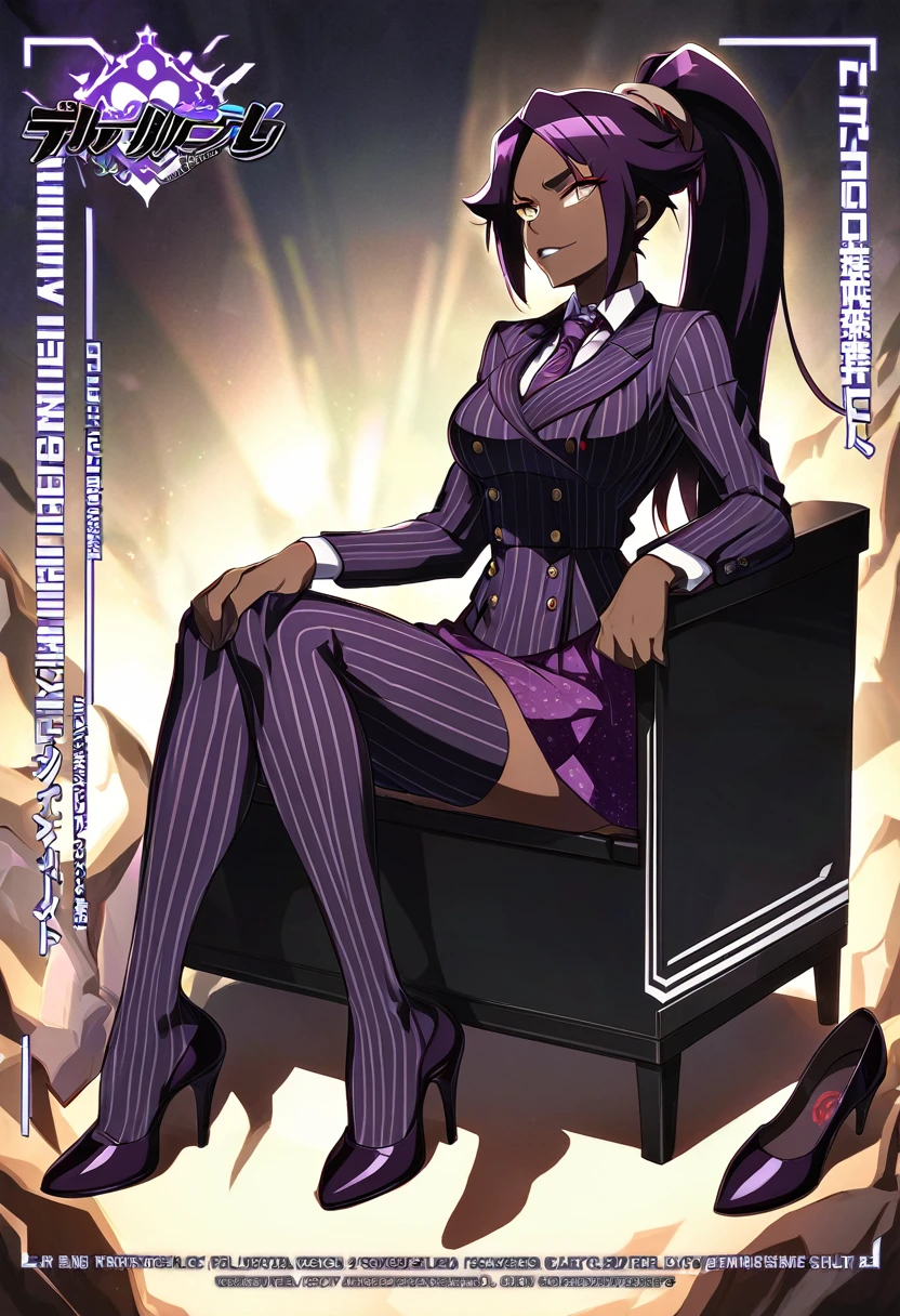  Full body Yoruichi as a thin Black business woman in a double breasted pinstripe purple  skirt suit while wearing a tie with a very long purple pinstripe skirt and with purple knee sock’s wearing purple heels while sitting full art anime 