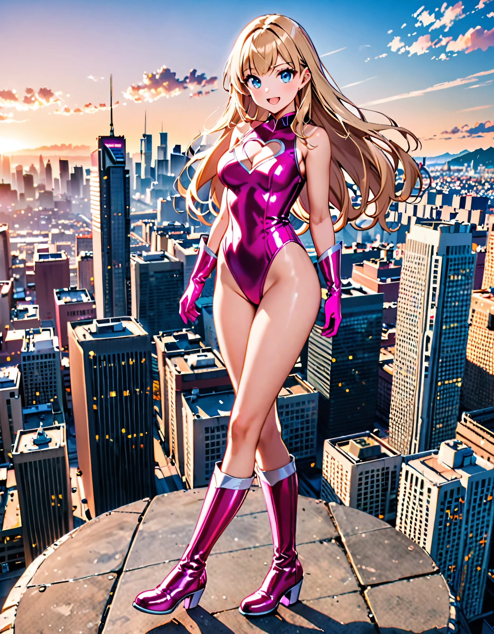 masterpiece, best quality, highres, 1girl, solo, superhero, leotard, bare legs, matching boots, sleeveless, looking at viewer, city backdrop, perfect hands, perfect eyes, perfect leotard, perfect legs, perfect arms, perfect fingers, medium breasts, pink leotard, standing, (blonde hair), long hair, knee boots, blue eyes, heart cutout, cute face, hair down, bangs, sleeveless, pink gloves, pink footwear, cleavage cutout, smile, full body with costume, :d