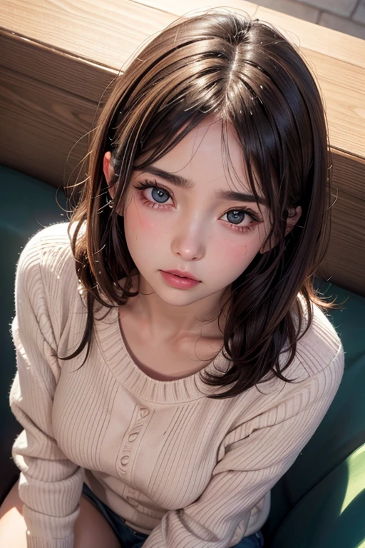 8K, highest quality, masterpiece, Ultra-high resolution, Top view, Close-up, One girl, Apply blush all over the face, Heavy breathing, White Breath, Contorting the mouth, Sit down and cry, Loose sweater