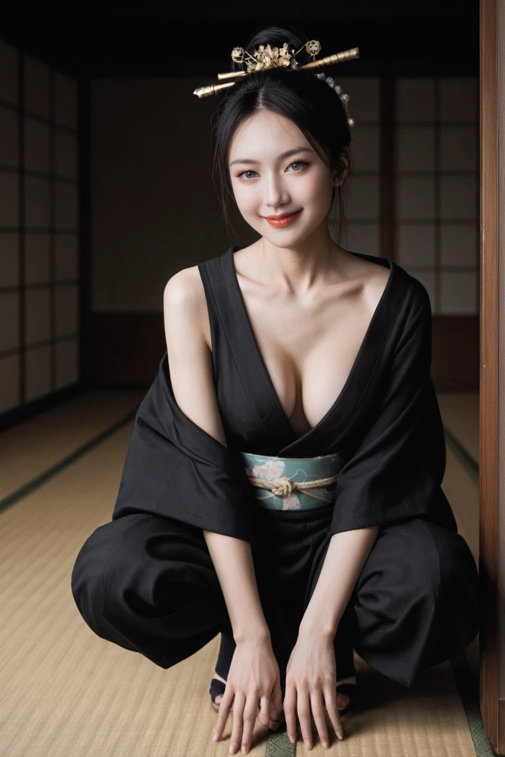score_9, score_8_up, score_7_up, BREAK,
  A hyper realistic ultra detailed photo of a beautiful geisha, revealing themed outfit, themed background,
realistic skin, cute, petite, perky ,slender,big breasts,
dark shadows, dark room,soft light, warm golden,squatting, 
mechanical parts,  joints, female,white eyes,mechanical arm,
japanese inn, tatami mats,smirk,
black hair,loose black kimono,eyelashes,eyeshadow,hair ornament,japanese clothes,kanzashi ,kimono.makeup,obi,pale skin,red lips,sash,sidelocks,